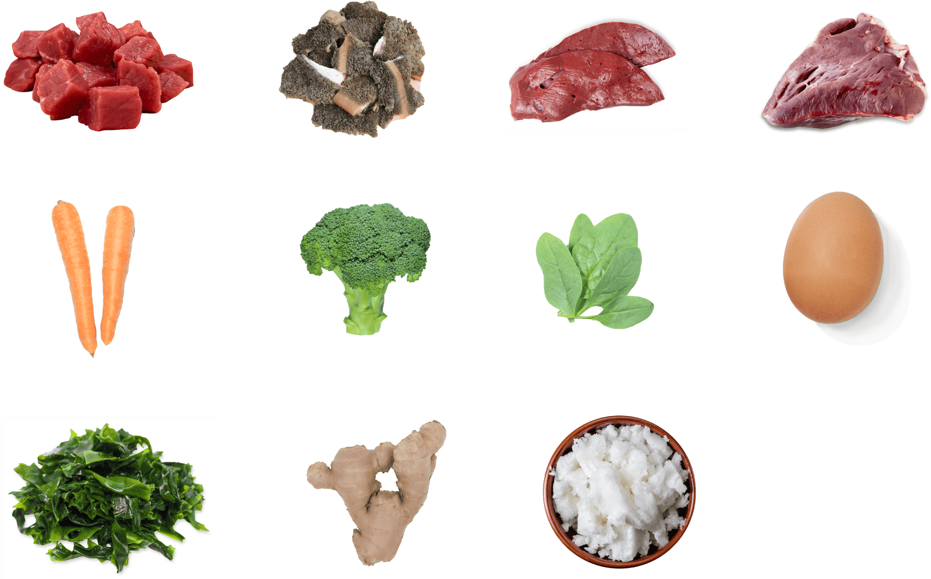 花椰菜 桌布 壁紙 — 新鮮生食材包括牛肝、紅蘿蔔、西蘭花、菠菜、雞蛋、海藻、薑和米飯，整齊排列在黑色背景上。