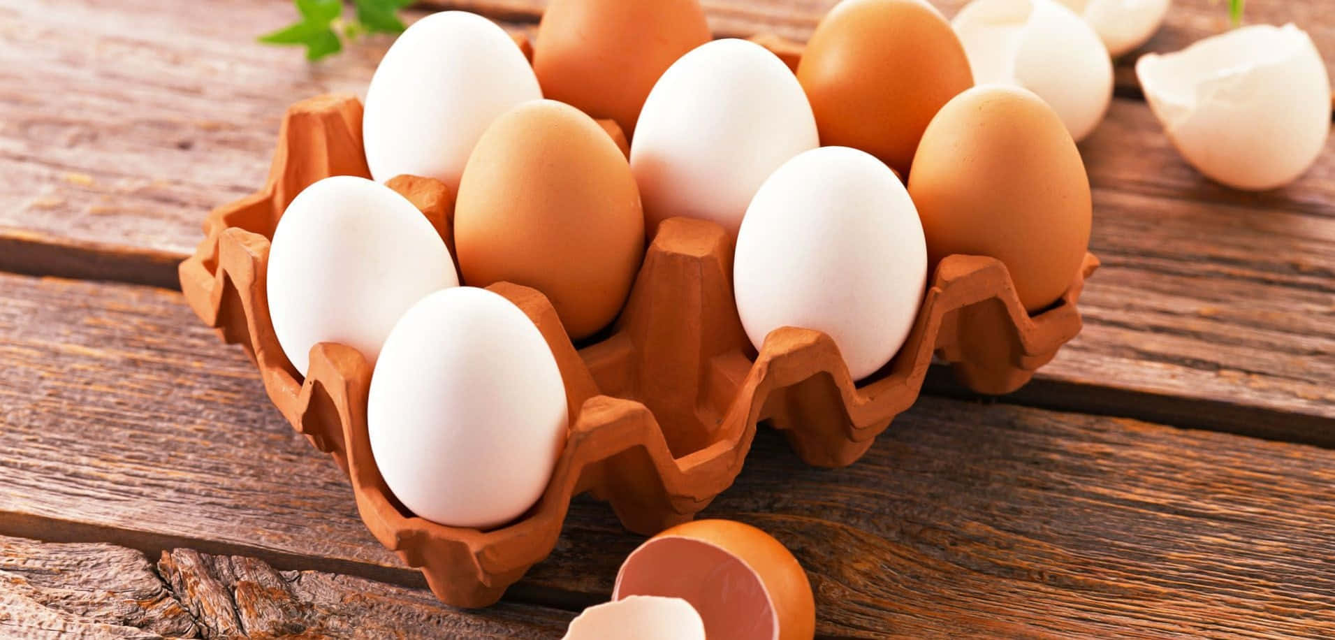 Eggs 桌布 壁紙 — 新鮮的棕色和白色雞蛋放在一個紙板托盤中，置於鄉村風格的木質表面上，周圍散落著蛋殼。