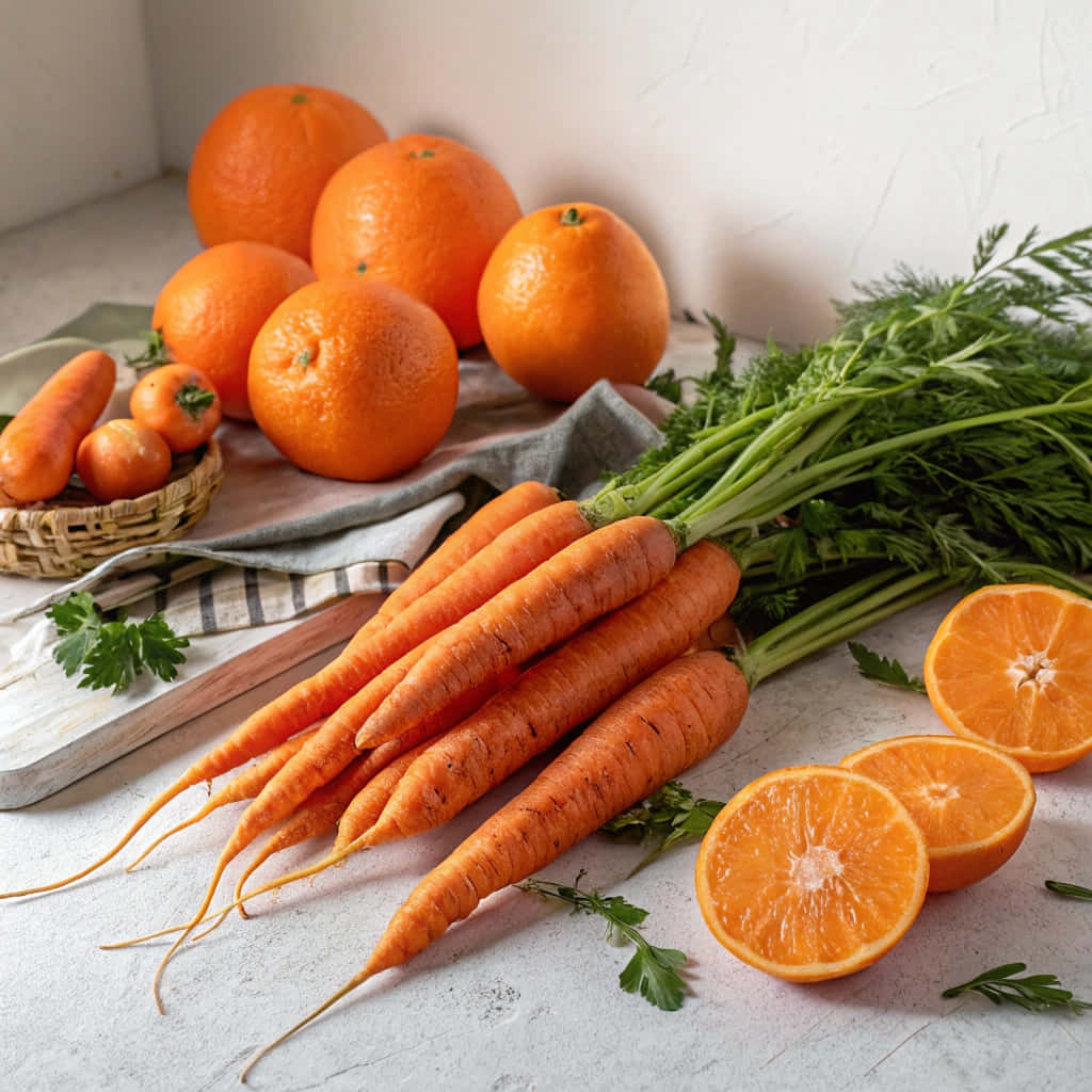 Fresh carrots and oranges ready for juicing or cooking 壁紙 — 新鮮的橙色胡蘿蔔帶有綠色頂部，以及整個切片橙子，排列在淺灰色檯面上，配有一個編織籃子裝著小胡蘿蔔和歐芹。