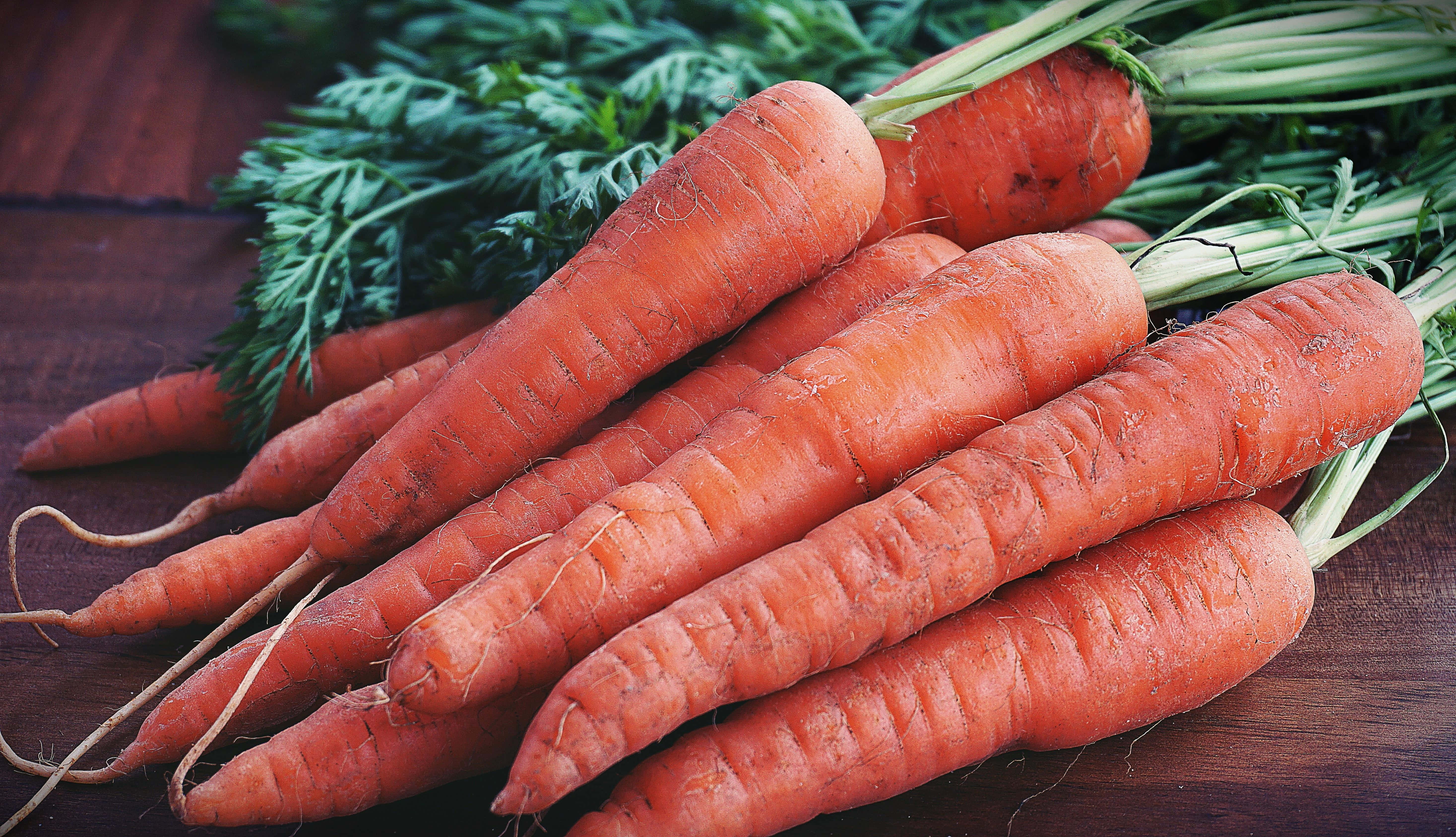 Carrot 桌布 壁紙 — 新鮮的橙色胡蘿蔔帶有綠色頂部，放在深色木質表面上，展現自然紋理和大地色調。