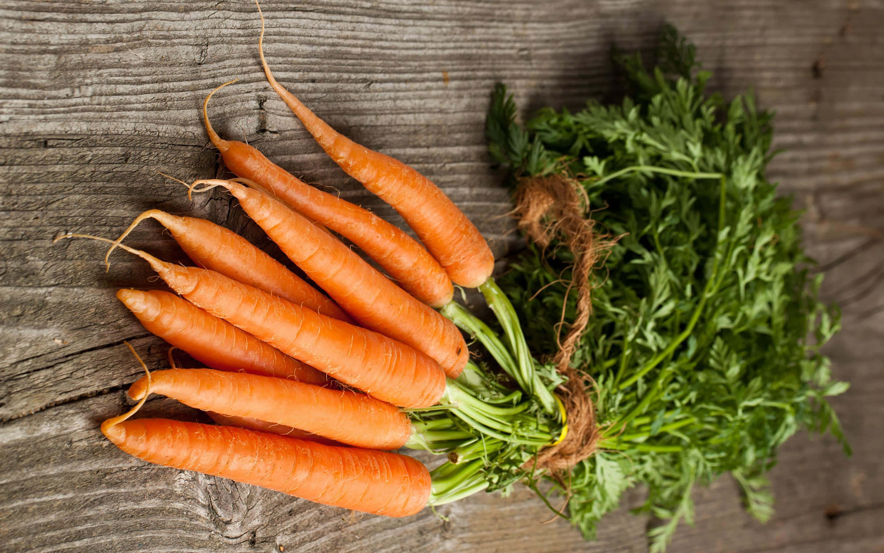 Carrot 桌布 壁紙 — 新鮮的橙色胡蘿蔔連著綠色頂部捆成一束，放在風化的木質表面上。