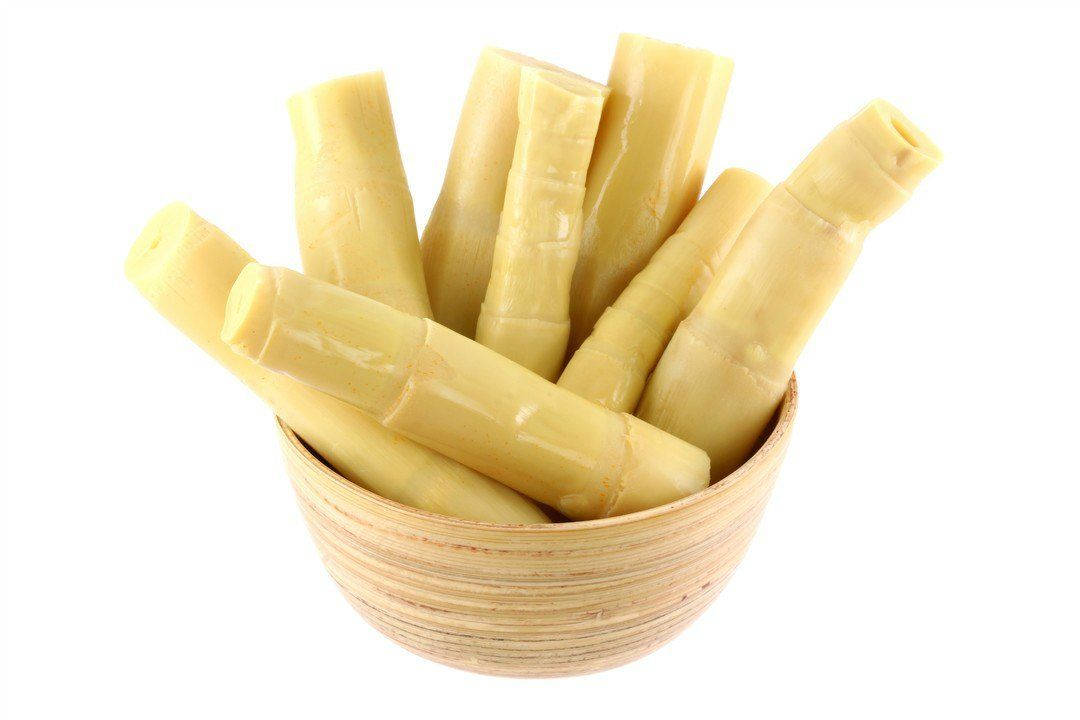 Healthy Food 桌布 壁紙 — 新鮮的淡黃色竹筍堆在一個編織竹碗中，背景是純白色。