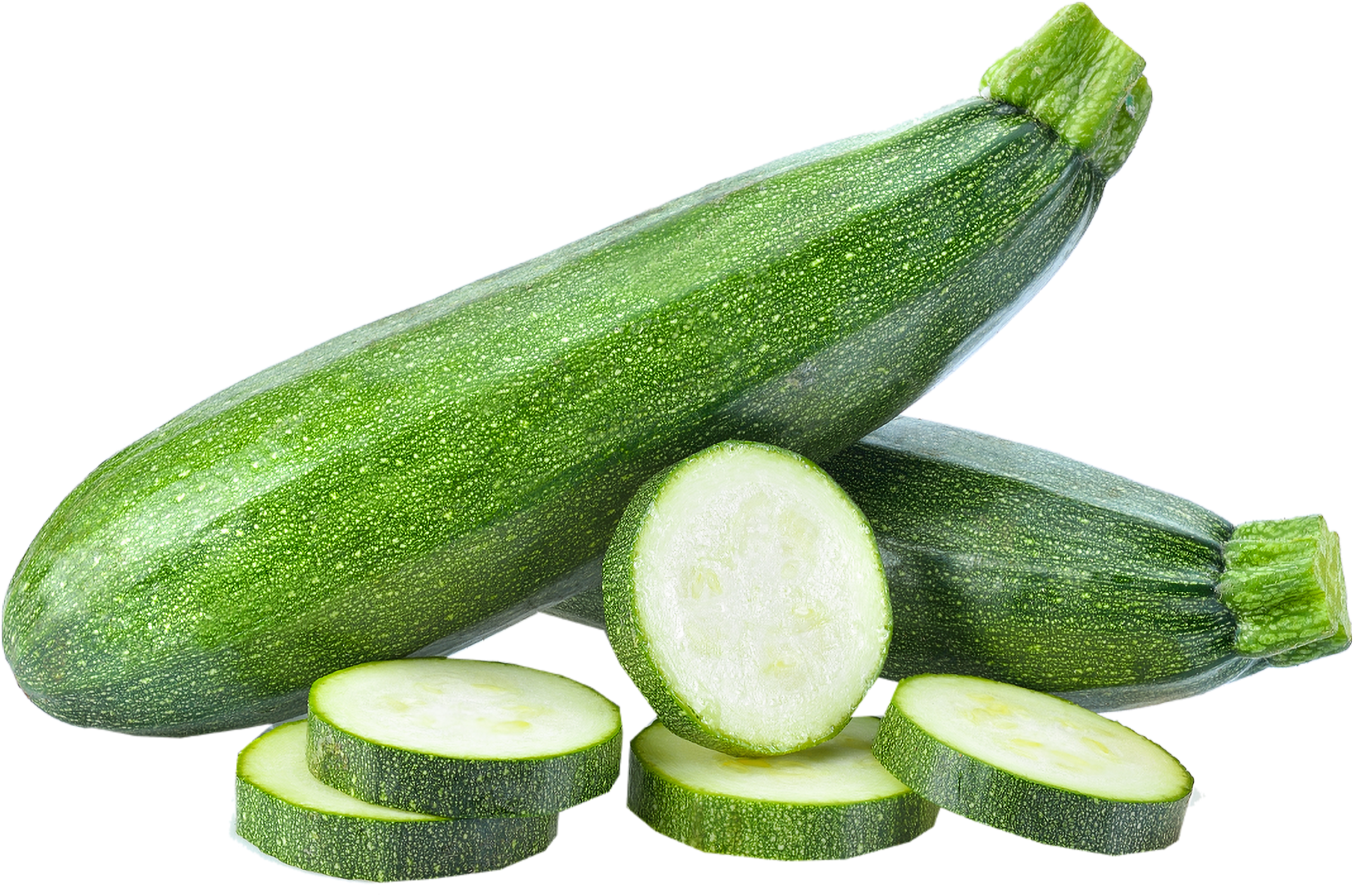 Zucchini 桌布 壁紙 — 新鮮的綠色櫛瓜，完整和切片，在純黑背景下露出淡色內部。