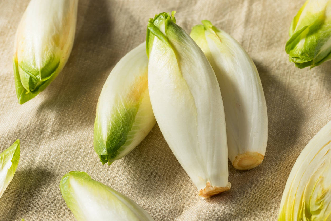 Food Photography 桌布 壁紙 — 新鮮的菊苣芽，帶有淡白色和綠色的葉子，在柔和的自然光下放置在質感米色亞麻表面上。