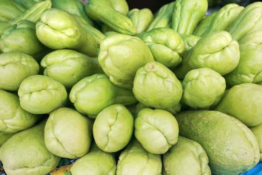 Healthy Food 桌布 壁紙 — 新鮮綠色佛手瓜堆疊在一起的特寫照片，帶有紋理脊線和露水表面。