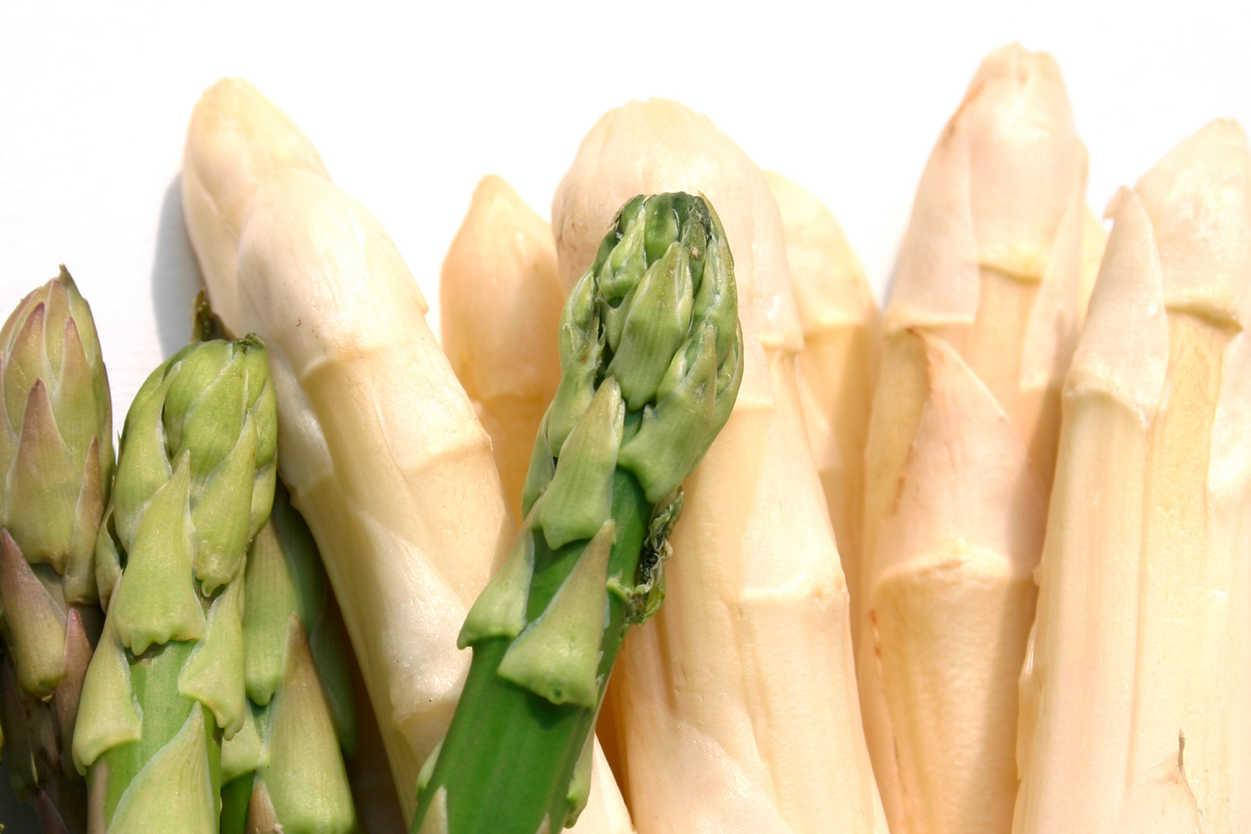 Healthy Food 桌布 壁紙 — 新鮮綠色和白色蘆筍嫩莖的特寫，排列在潔淨的白色背景上。