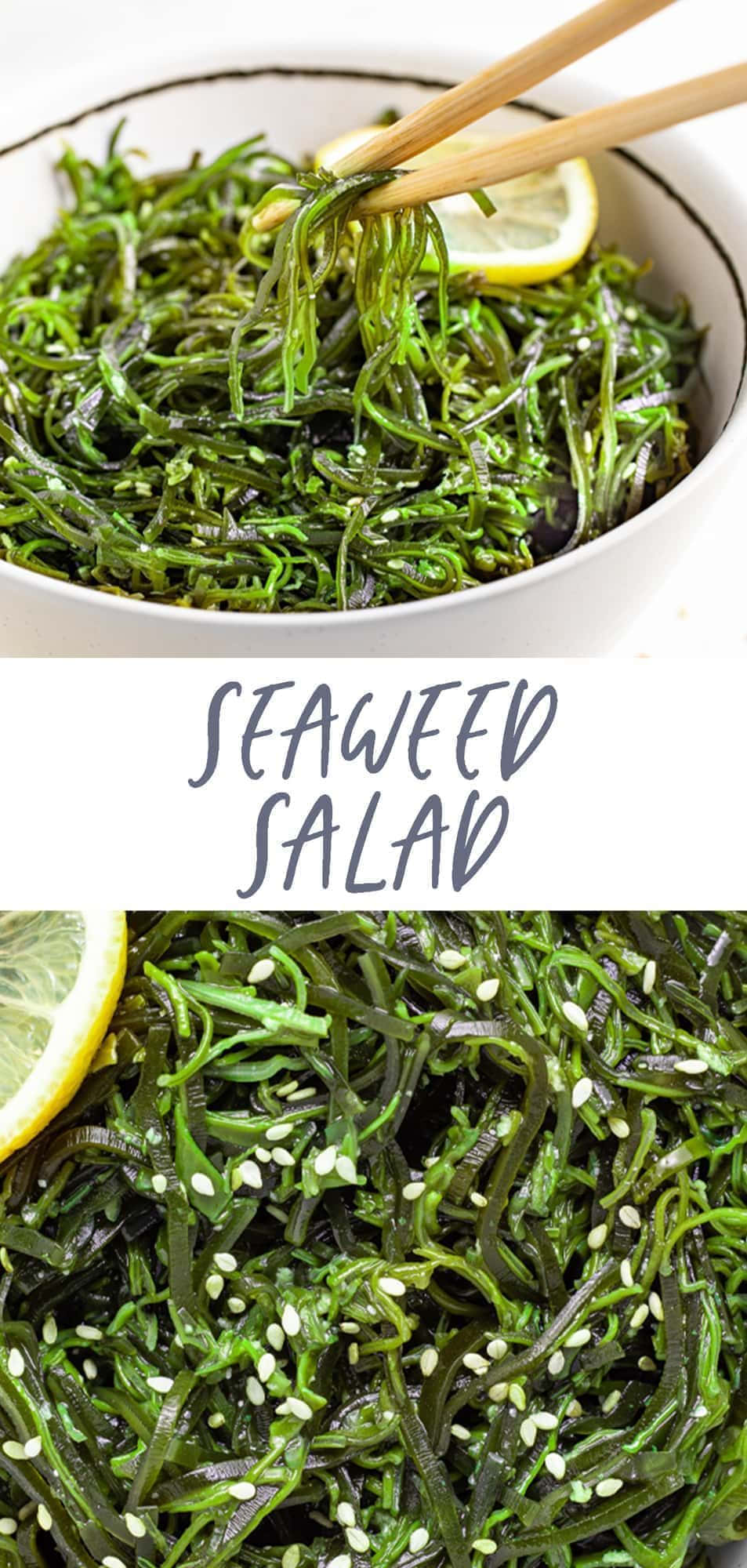 Seaweed 桌布 壁紙 — 新鮮綠色海藻沙拉放在白色碗中，上面撒上芝麻和檸檬角。