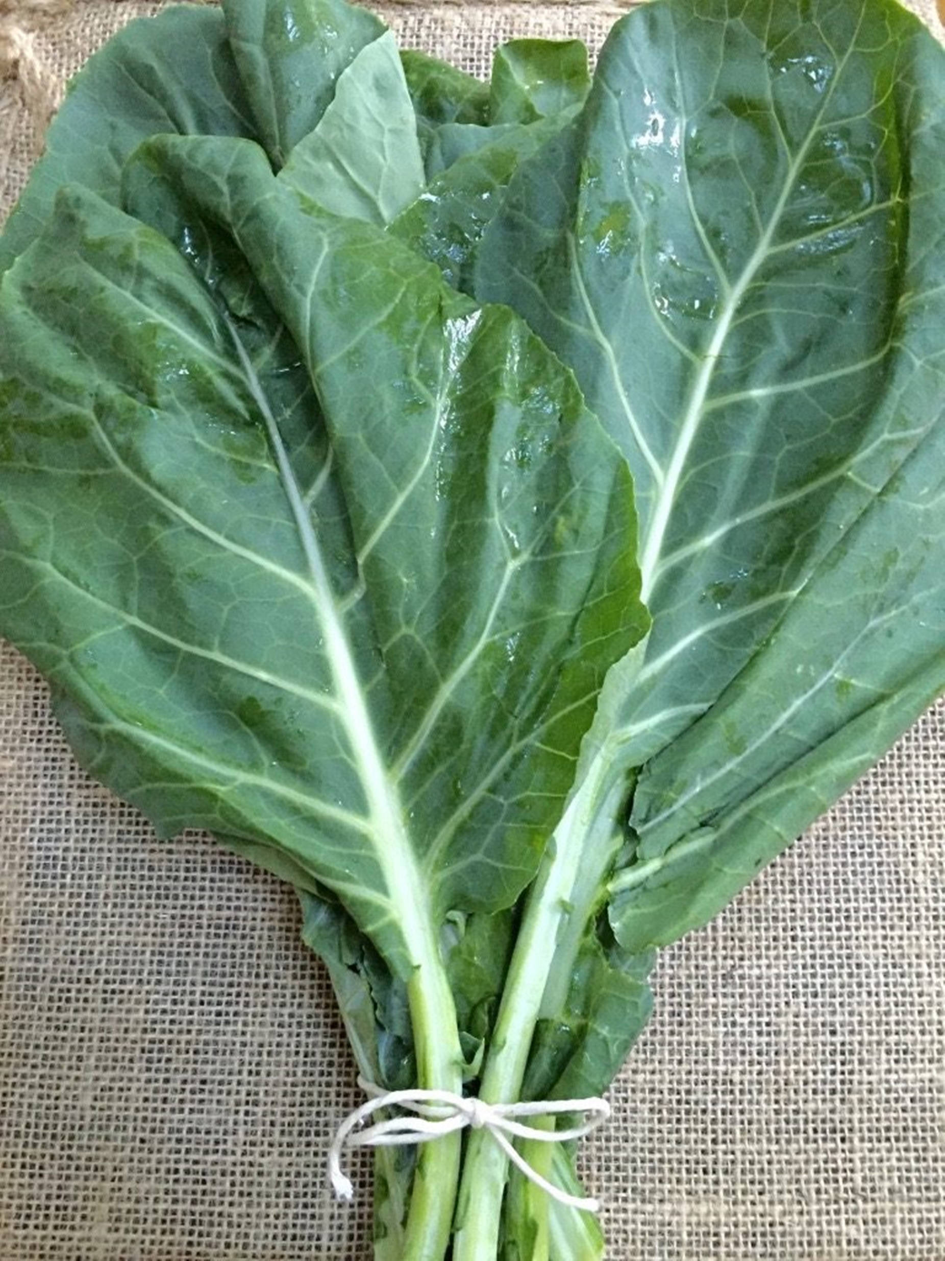 Collard Greens 桌布 壁紙 — 新鮮綠色葉菜用繩子綁著，放在有紋理的粗麻布表面上。