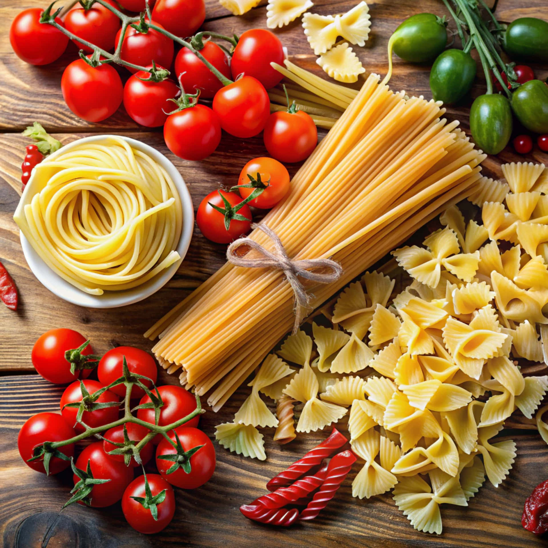 Various types of pasta and cherry tomatoes 壁紙 — 新鮮義大利麵品種和鮮豔番茄排列在質樸的木質表面上。