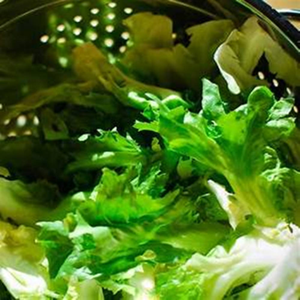 葉子 桌布 壁紙 — 新鮮脆嫩的萵苣葉在金屬濾盆中於明亮光線下閃閃發光。