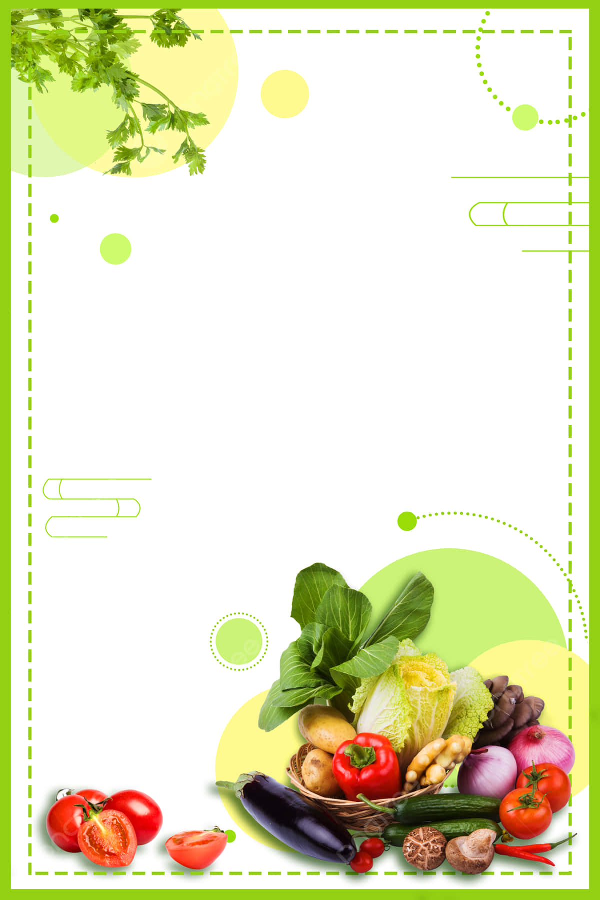Healthy Food 桌布 壁紙 — 新鮮色彩繽紛的蔬菜，如番茄、茄子和高麗菜，放在籃子裡，搭配綠色葉子和抽象幾何圖案，背景為白色。