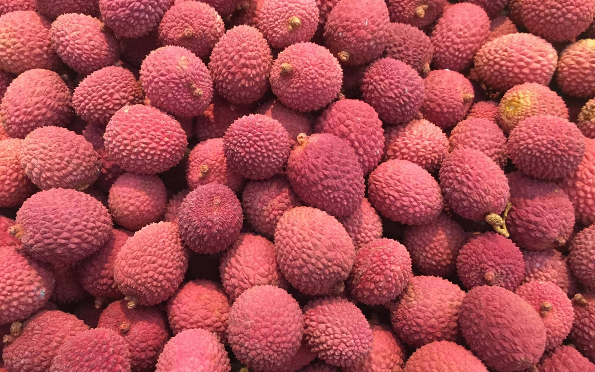 Fruits 桌布 壁紙 — 新鮮荔枝的鮮豔特寫，帶有紋理的粉紅色果皮緊密堆疊在一起。