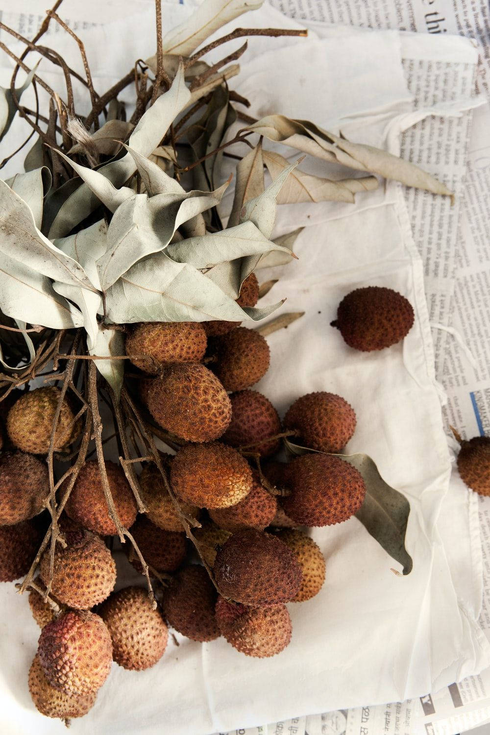 Fruits 桌布 壁紙 — 新鮮荔枝與乾葉放在皺報紙上，呈現質樸的靜物風格。