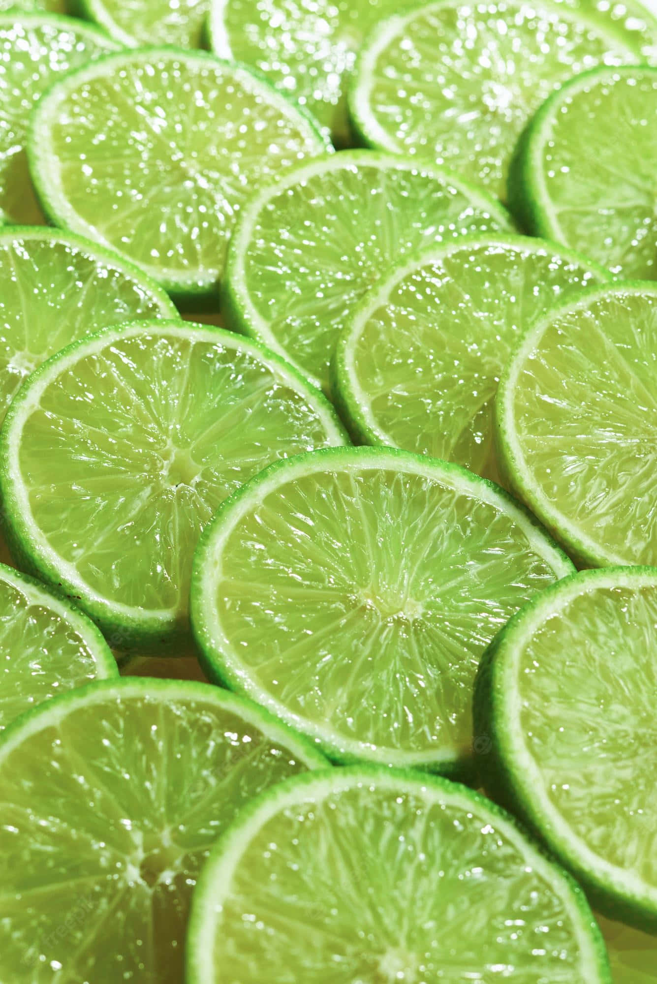 Lemon iPhone 桌布 壁紙 — 新鮮萊姆片的特寫，閃爍著水珠，露出多汁的果肉和鮮綠色的外皮。