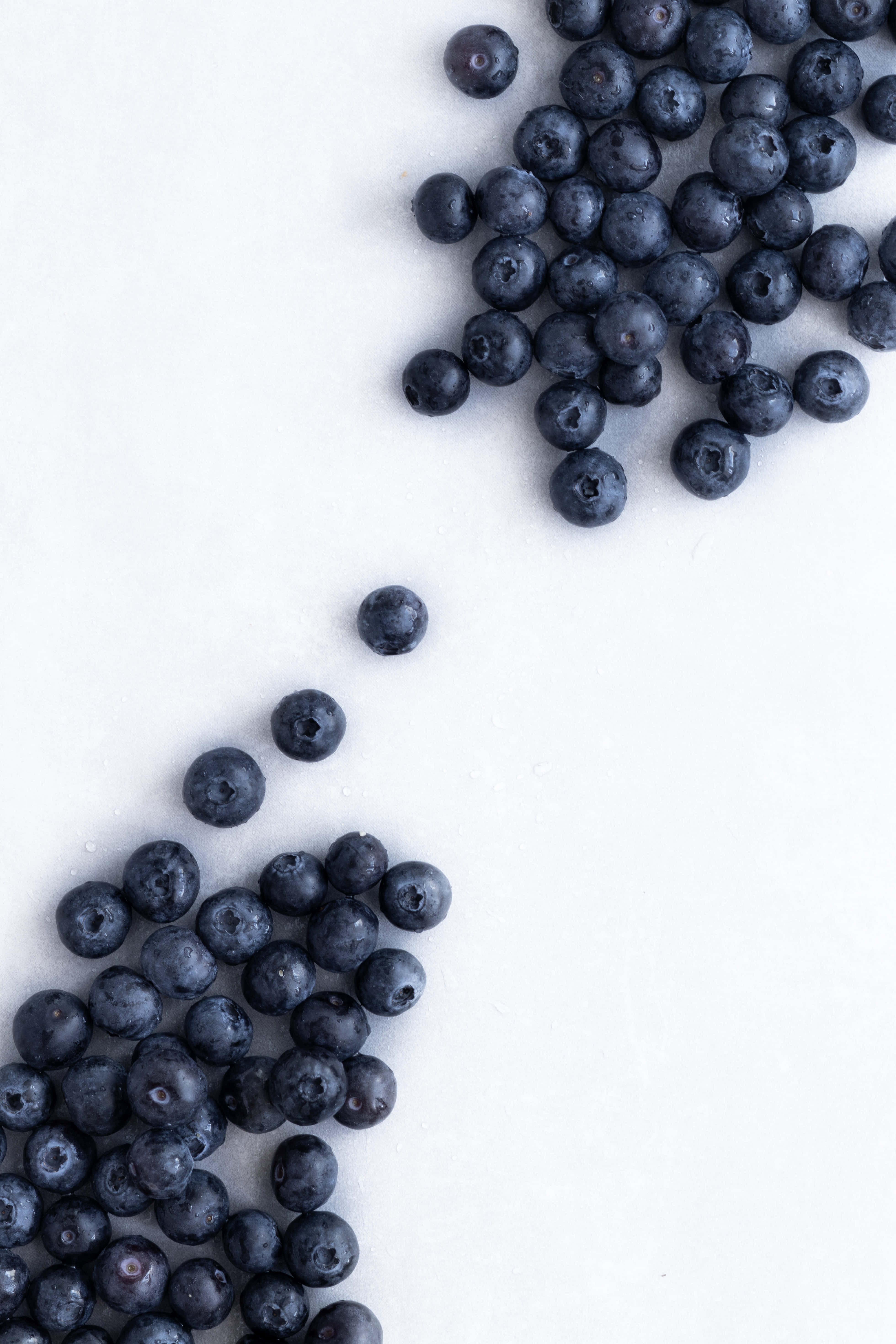 Blueberry 桌布 壁紙 — 新鮮藍莓在潔白表面上以對角線瀑布形式散落，閃爍著露珠。