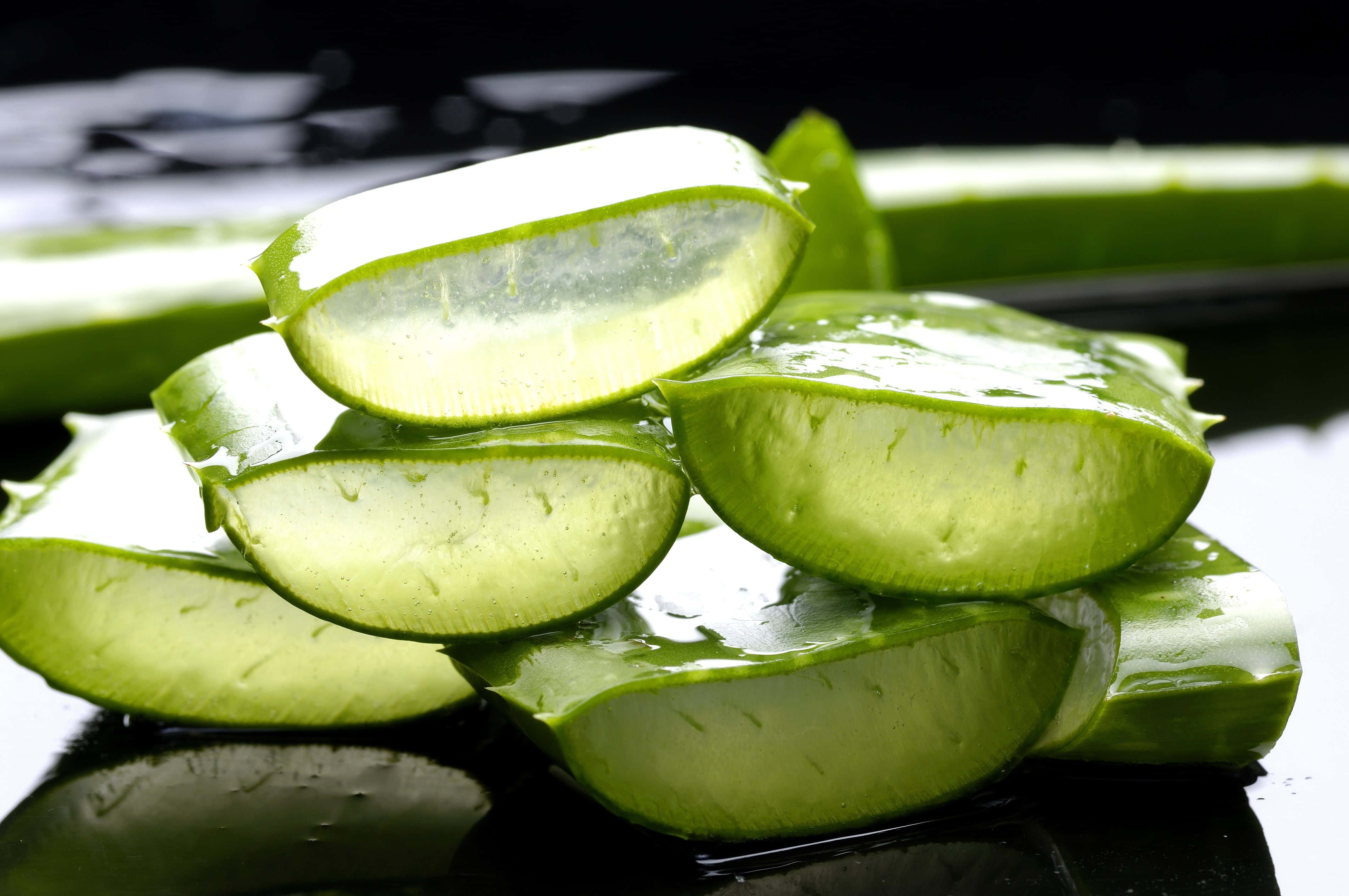 Aloe Vera 桌布 壁紙 — 新鮮蘆薈片在明亮的攝影棚燈光下，在深色反光表面上閃爍著露珠。