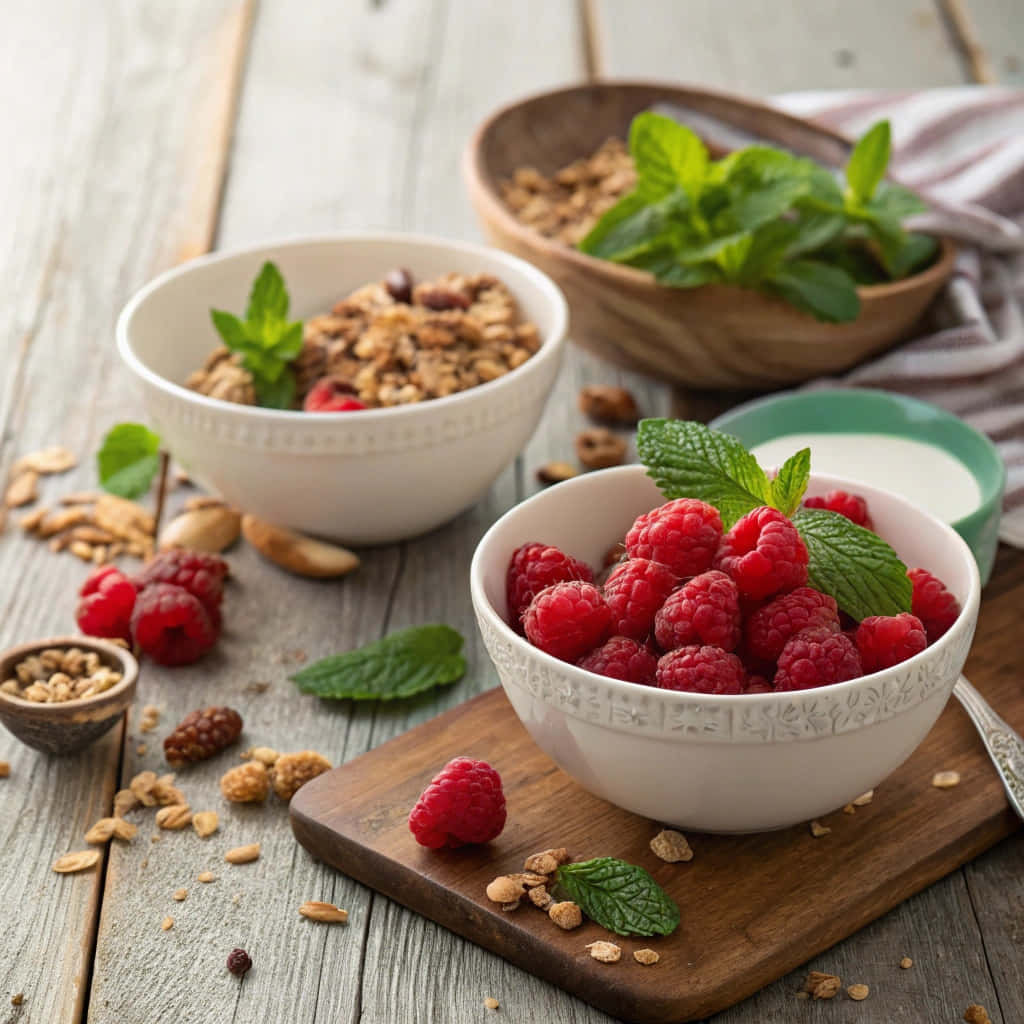 Fresh raspberries and granola for a healthy breakfast spread 壁紙 — 新鮮覆盆子、薄荷和格蘭諾拉麥片放在白色碗中，擺在質樸的木桌上，周圍散落著堅果和優格。
