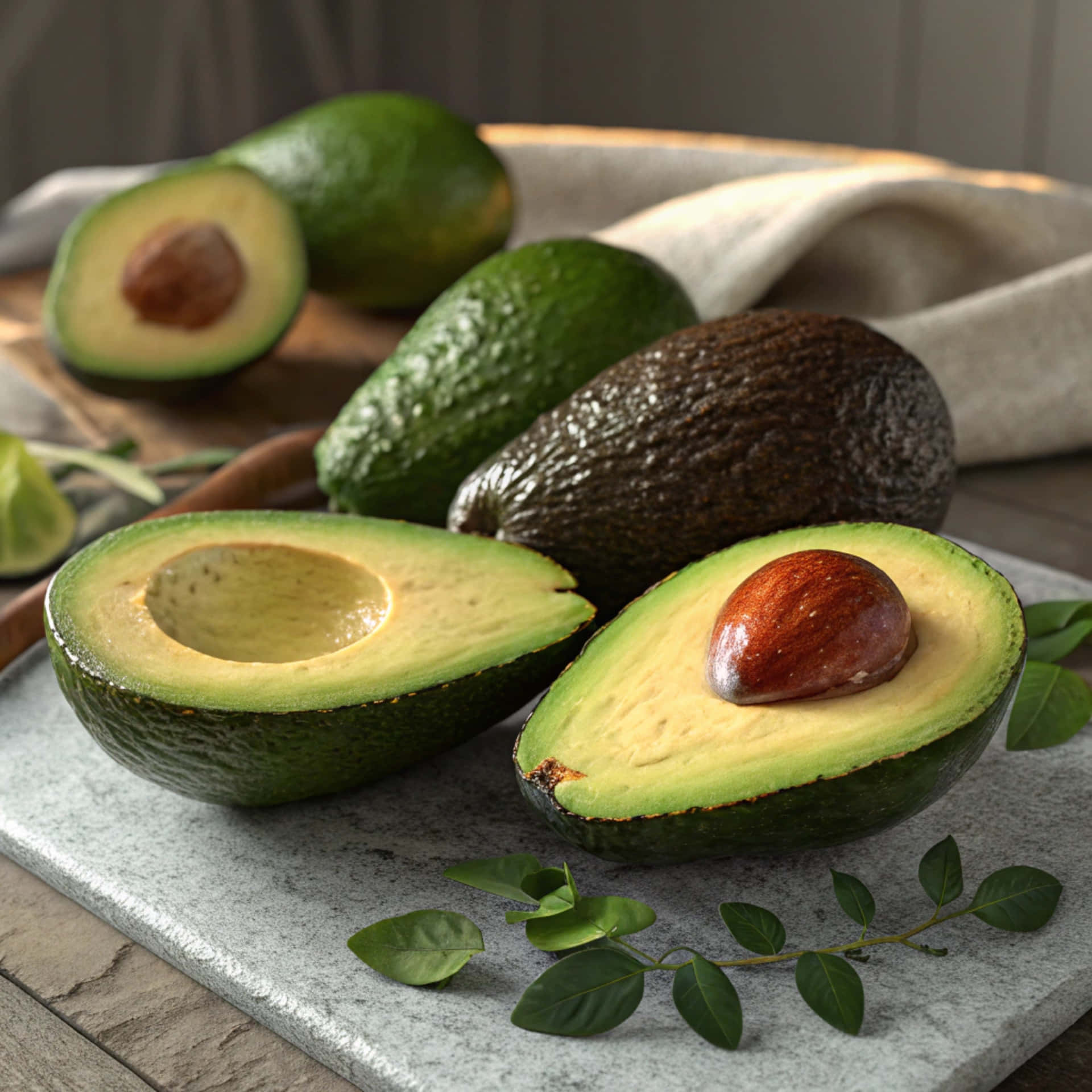 Fresh avocados halved and whole on a marble surface 壁紙 — 新鮮酪梨切開，露出奶油狀綠色果肉和棕色果核，放在石板上，伴以樹葉。