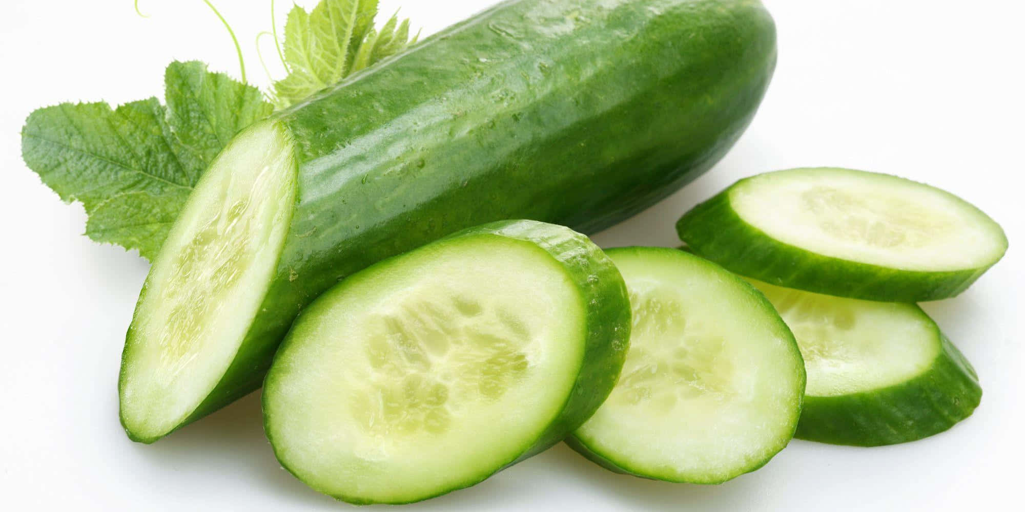 cucumber 桌布 壁紙 — 新鮮青瓜切片連葉，置於潔白背景上。