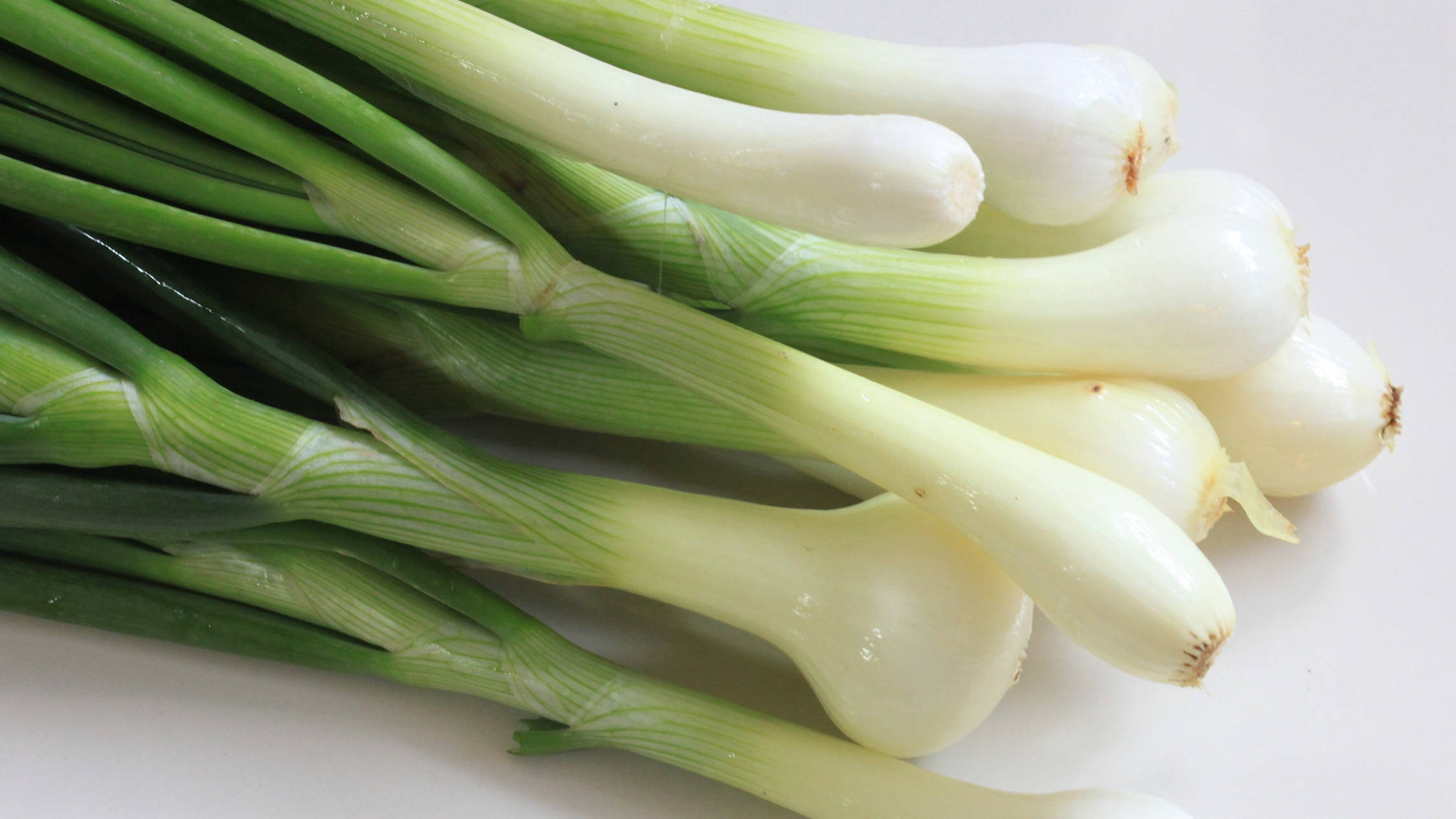 Vegetables 桌布 壁紙 — 新鮮青蔥，白色蔥白爽脆，綠色蔥葉鮮亮，對角線排列在潔白表面上。