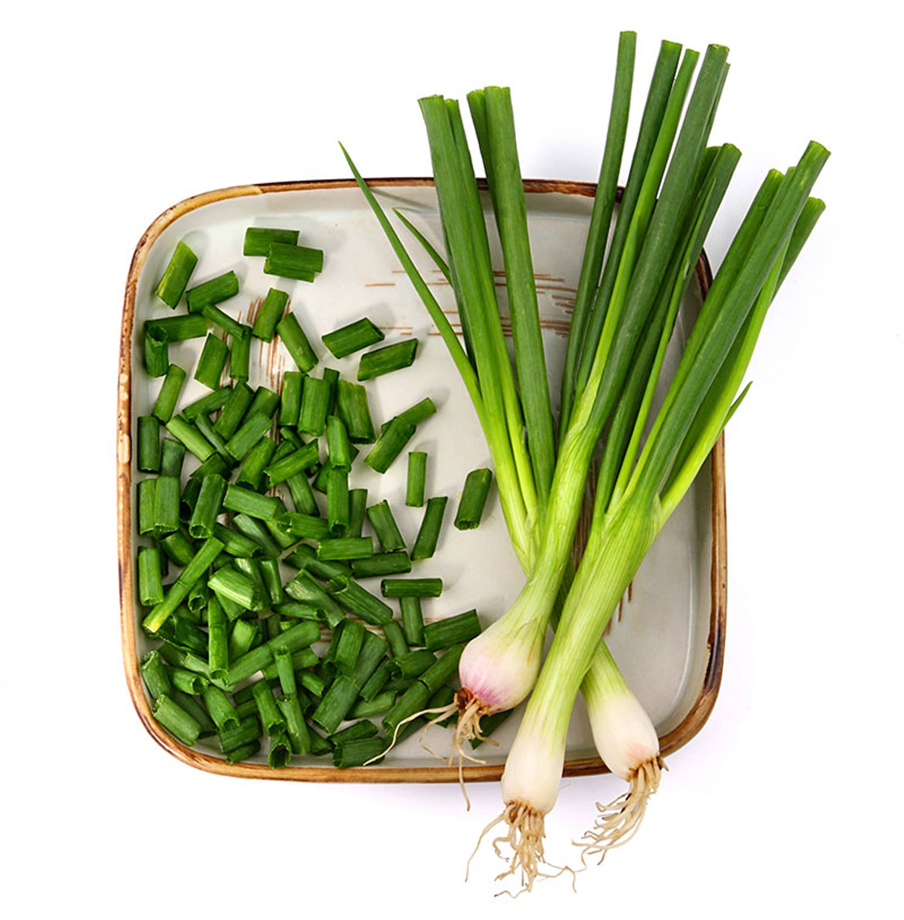 烹飪 桌布 壁紙 — 新鮮青蔥及切碎部分整齊排列在質樸陶瓷盤上，背景為潔白乾淨。