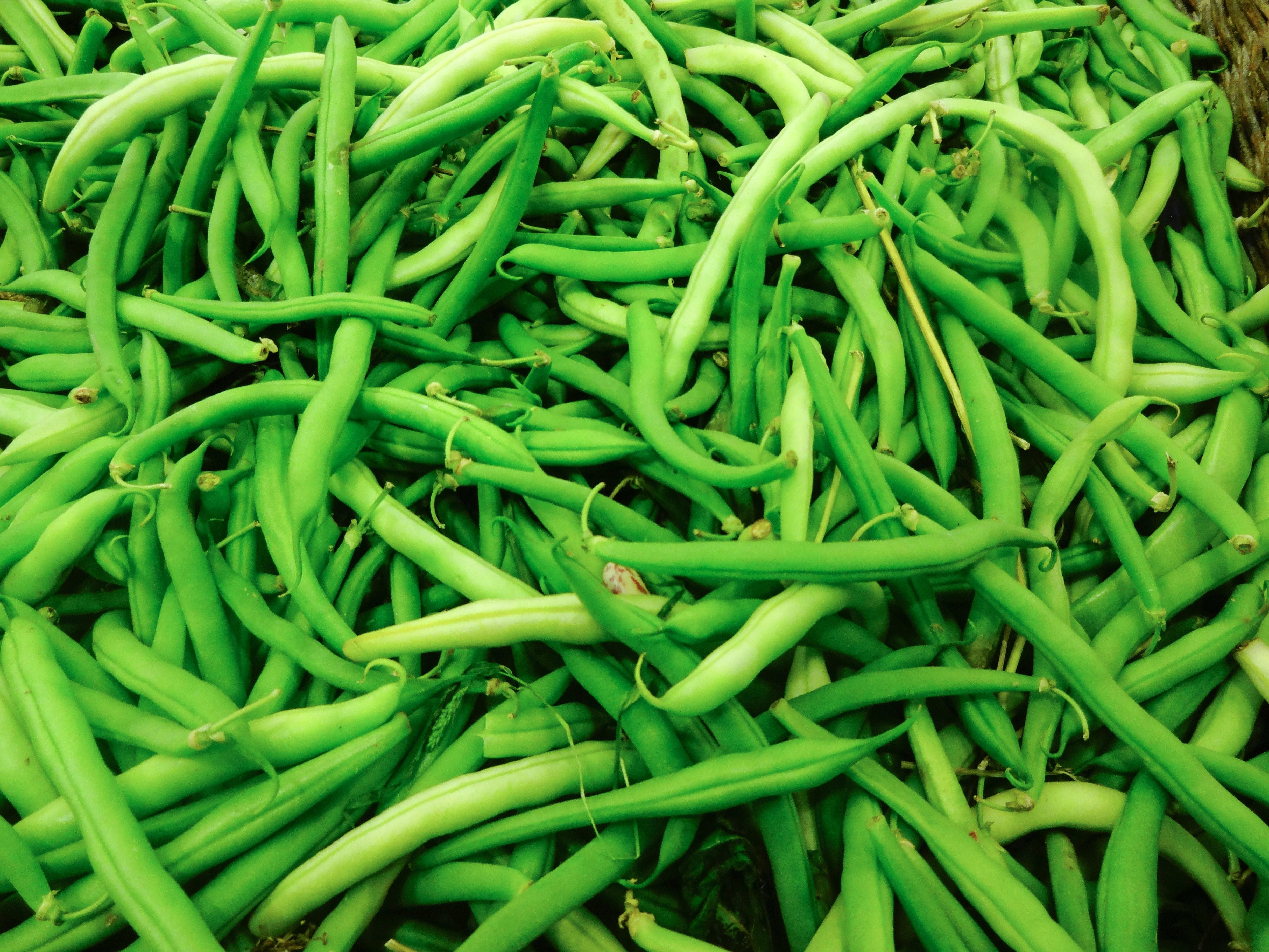 vegan 桌布 壁紙 — 新鮮青豆高高堆疊的鮮豔特寫，展現天然紋理和光澤表面。