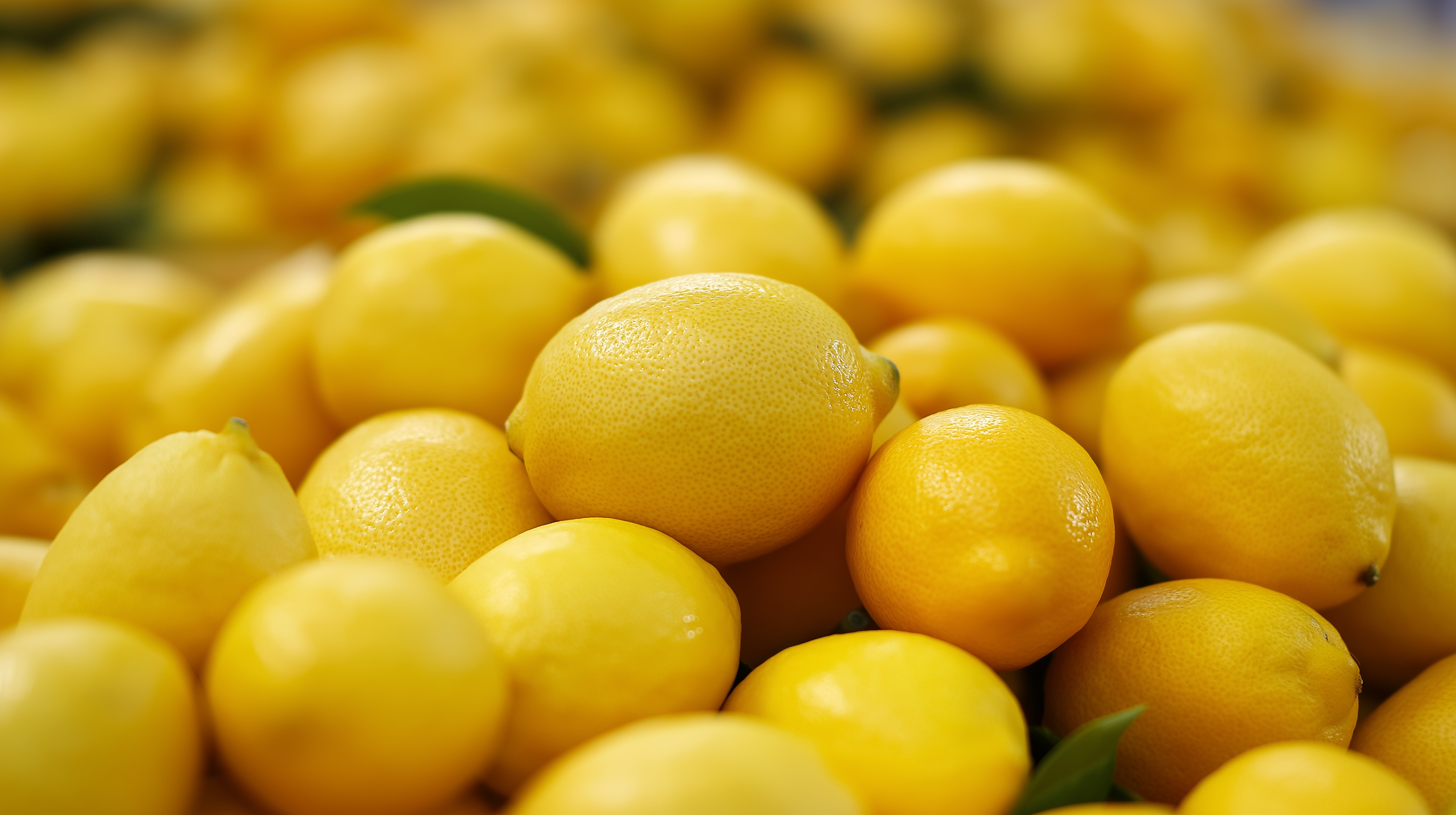 citrus 桌布 壁紙 — 新鮮黃檸檬堆疊在一起的鮮豔特寫，表皮光滑，散落著綠葉。