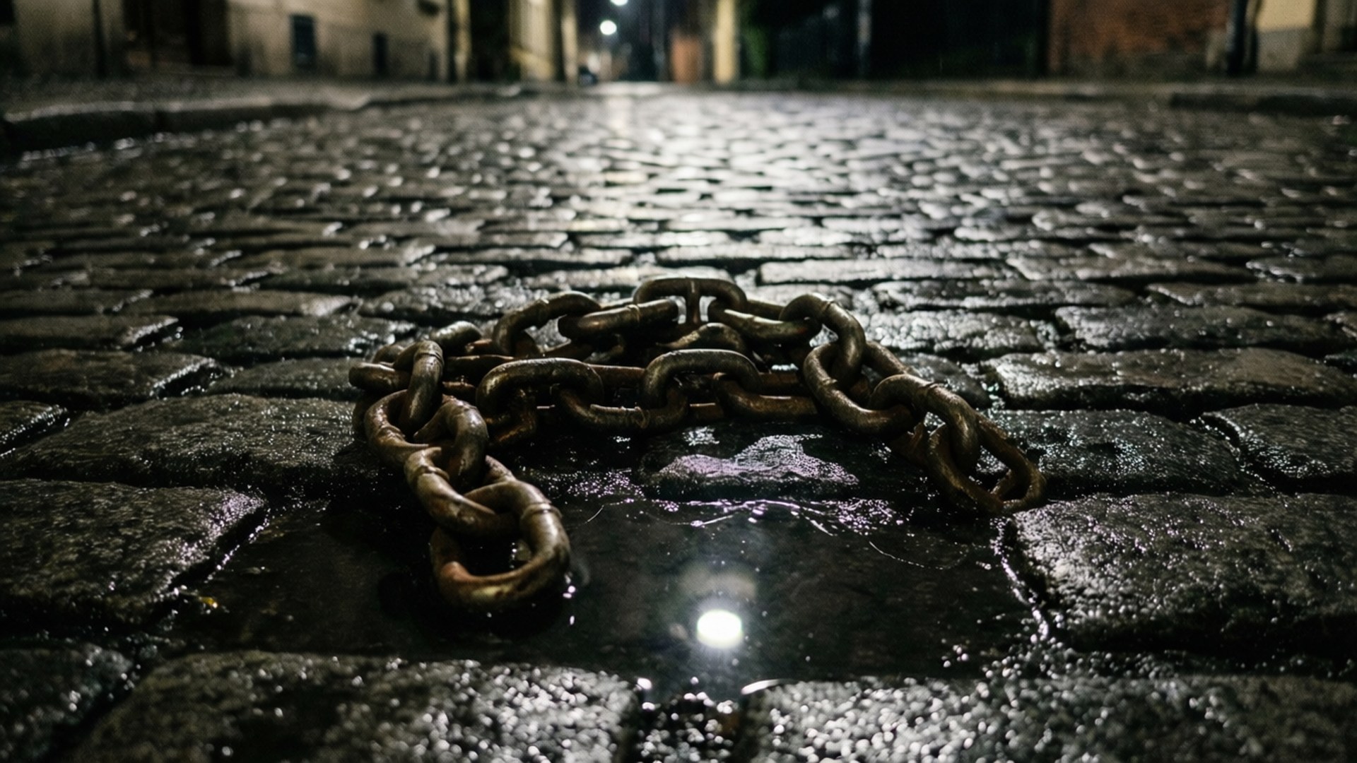 斷裂的鎖鏈 壁紙 — 一條沉重的生鏽鏈條躺在夜間街燈下的濕鵝卵石上，在水坑中反射。