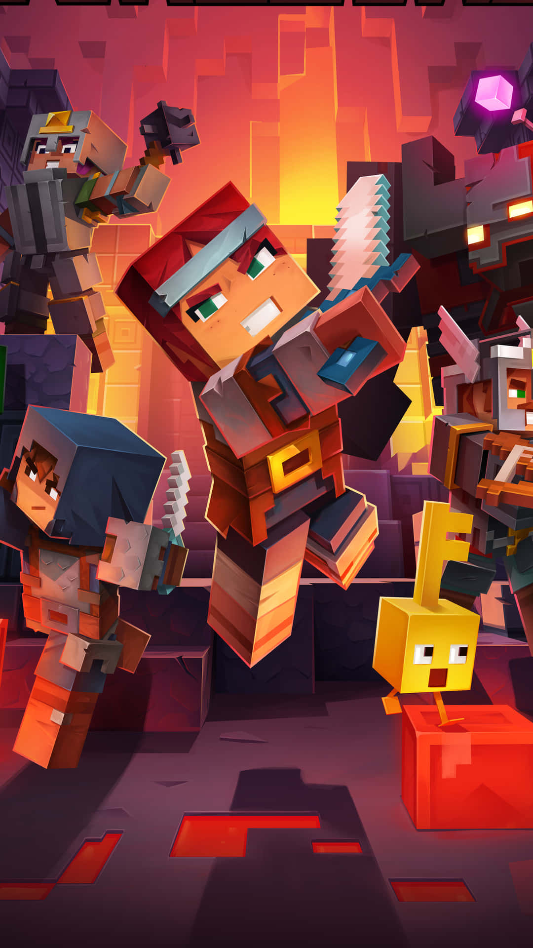 Minecraft Phone 桌布 壁紙 — 方塊像素藝術冒險者在一個有發光水晶和戲劇性照明的火熱地牢中戰鬥。