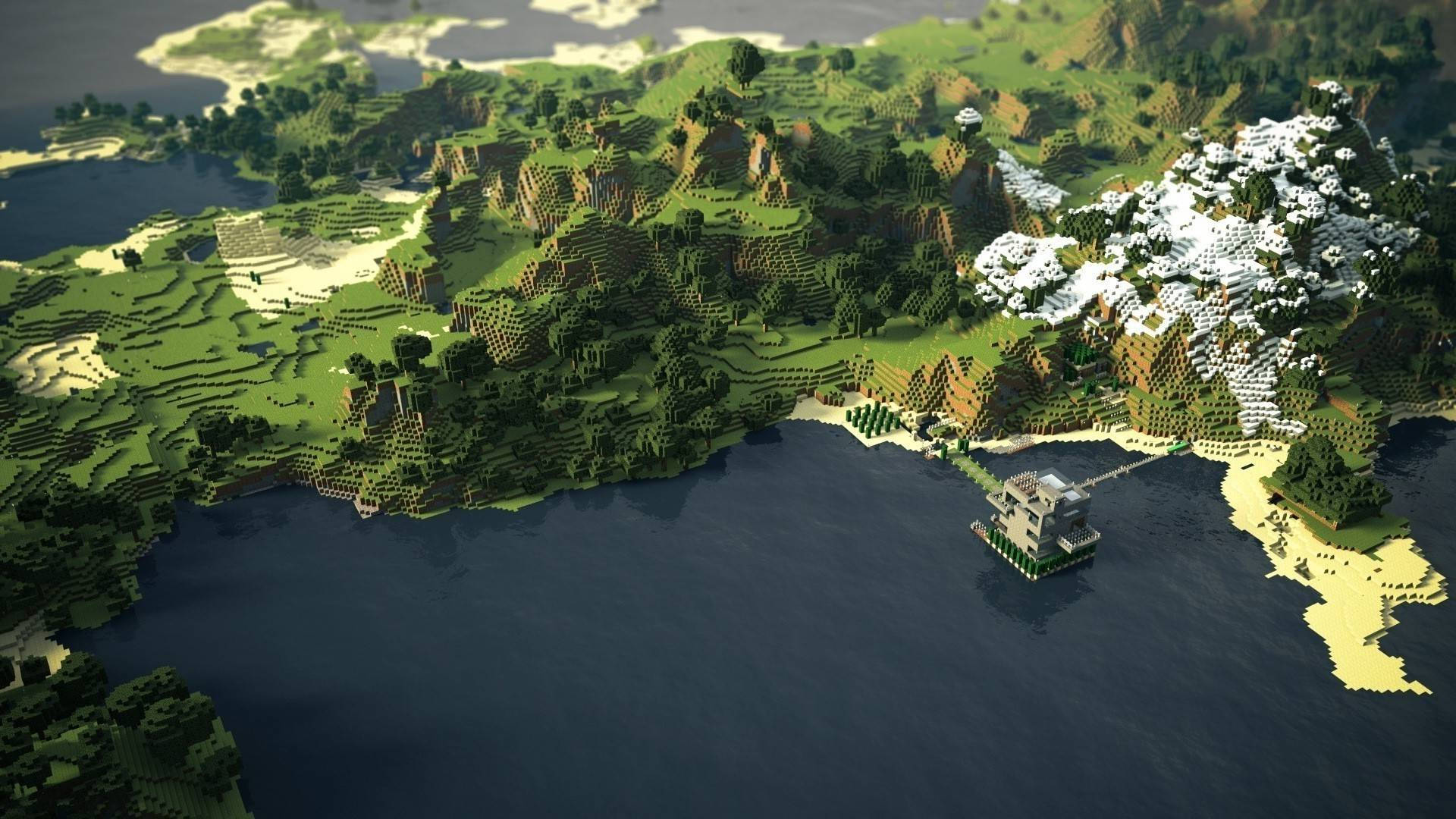 我的世界 桌布 壁紙 — 方塊狀Minecraft島嶼的鳥瞰圖，有綠色山丘、雪峰和漂浮在黑暗水面上方的城堡。