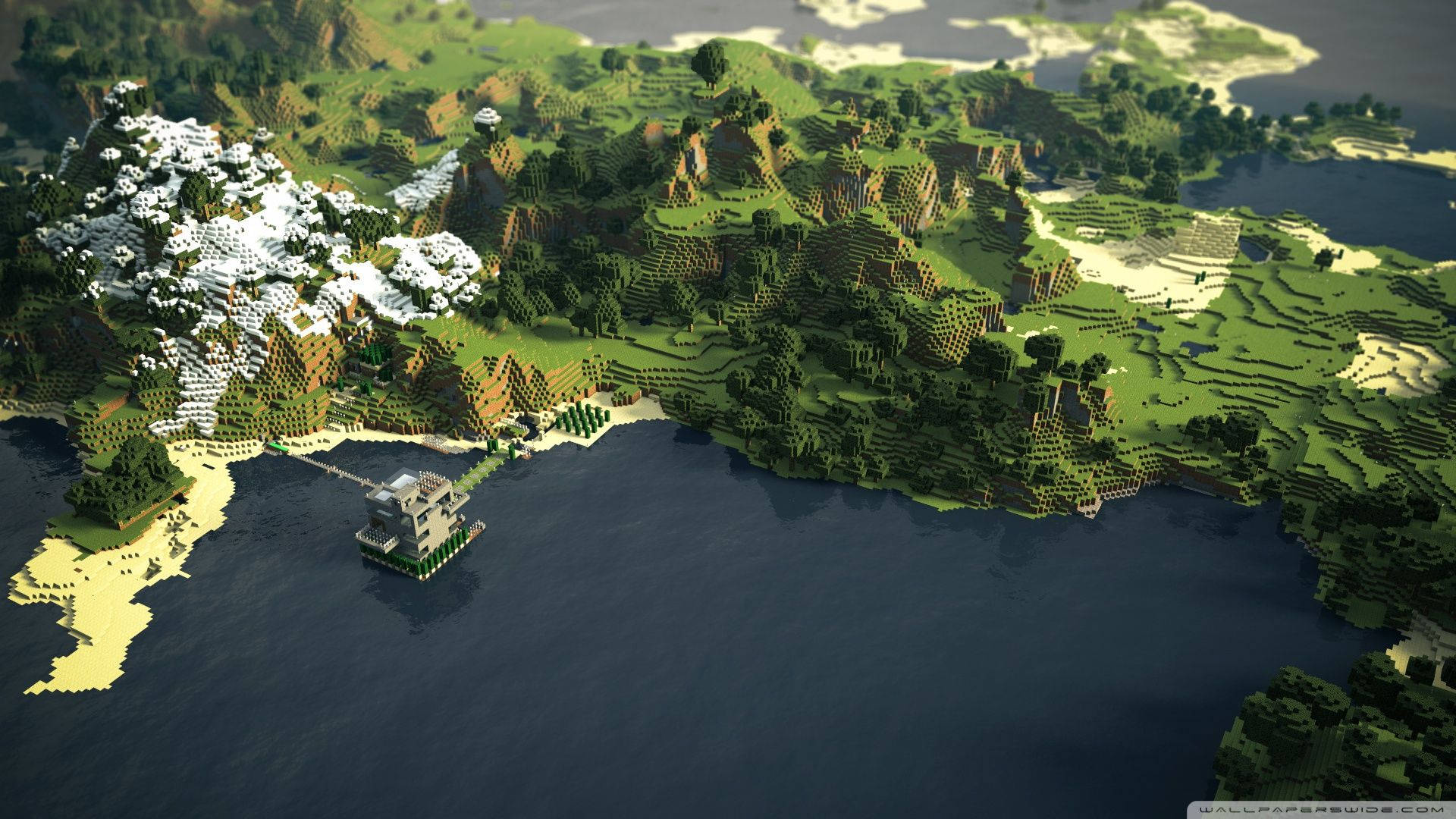 Minecraft Landscape 桌布 壁紙 — 方塊狀Minecraft島嶼的鳥瞰圖，有雪峰、森林和俯瞰深藍色海水的沿海城堡。