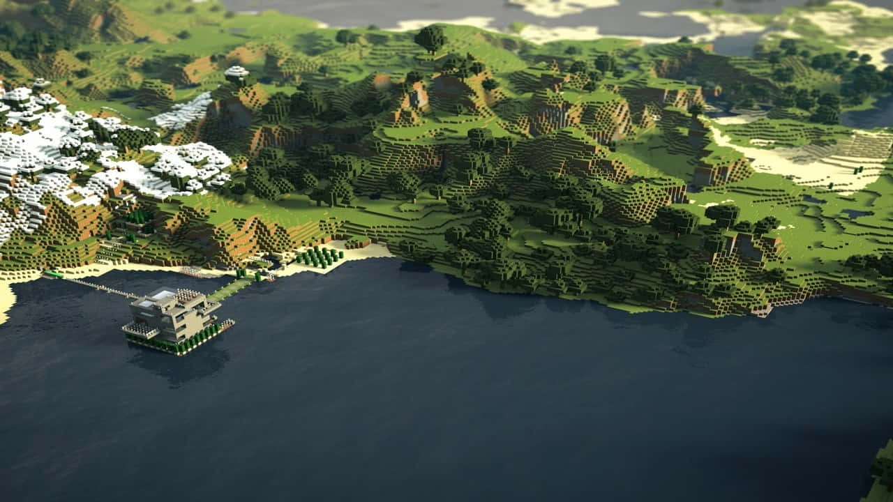 島嶼 桌布 壁紙 — 方塊狀Minecraft島嶼的鳥瞰圖，有雪峰、森林和俯瞰黑暗水域的沿海建築。