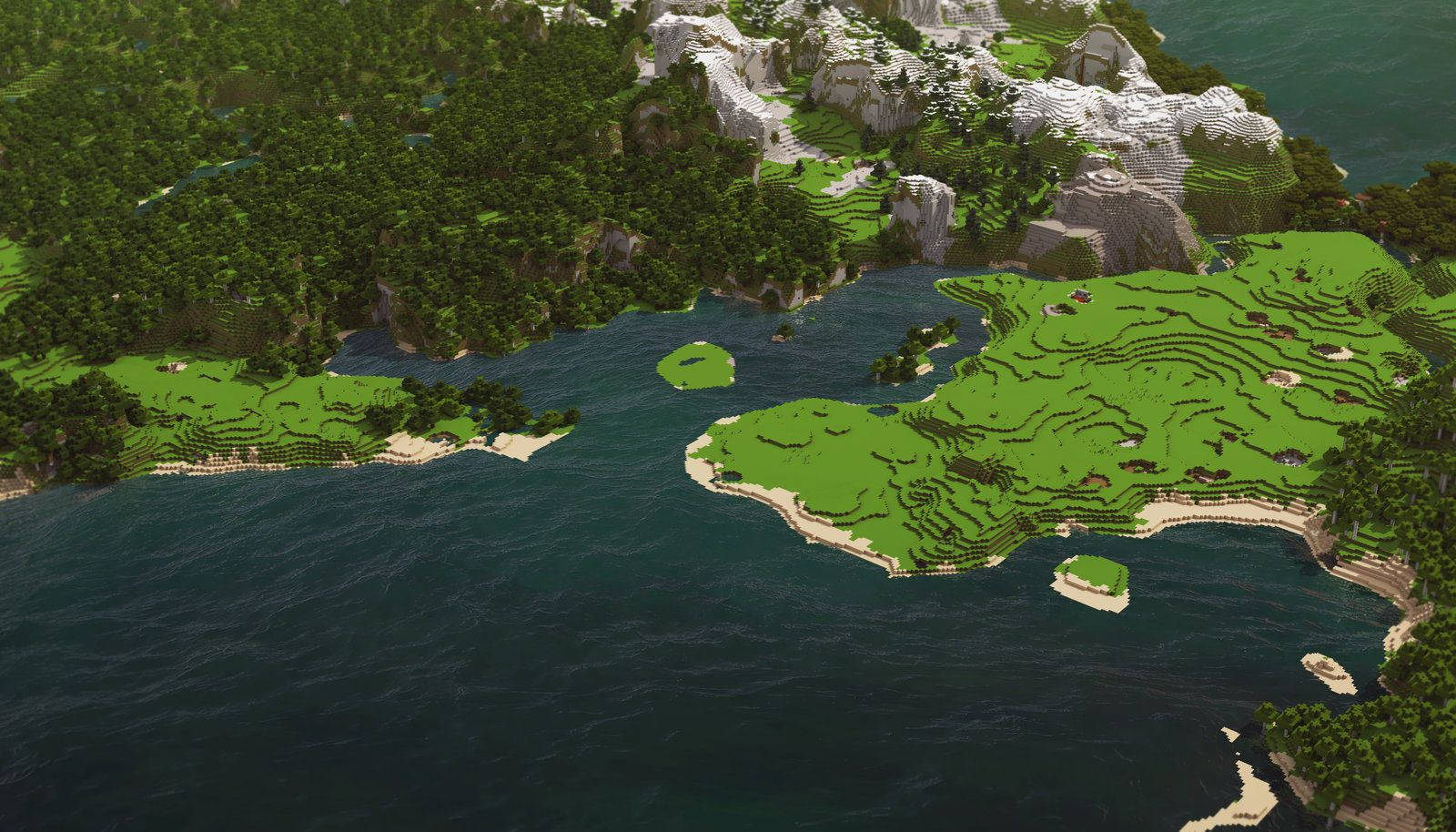Minecraft Aesthetic 桌布 壁紙 — 方塊狀Minecraft島嶼的鳥瞰圖，擁有茂密的綠色地形懸崖和深藍色海洋。