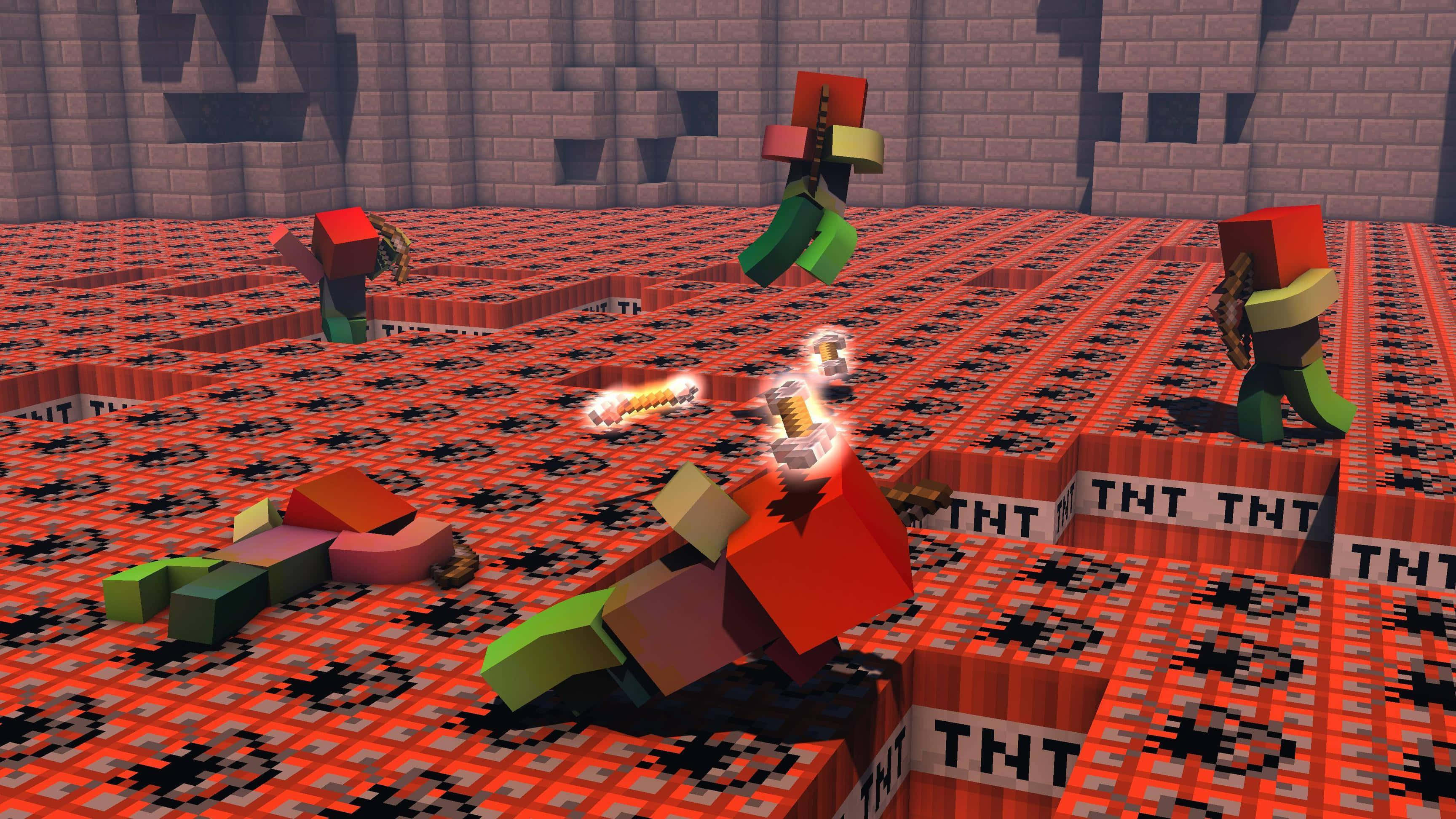 遊戲 桌布 壁紙 — 方塊狀像素角色在紅色TNT方塊網格中爆炸，呈現Minecraft風格遊戲場景。