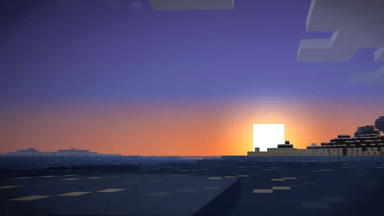 日落 桌布 壁紙 — 方塊狀的Minecraft日落，在紫橙色天空下，海洋和遠處島嶼上方有發光的太陽。