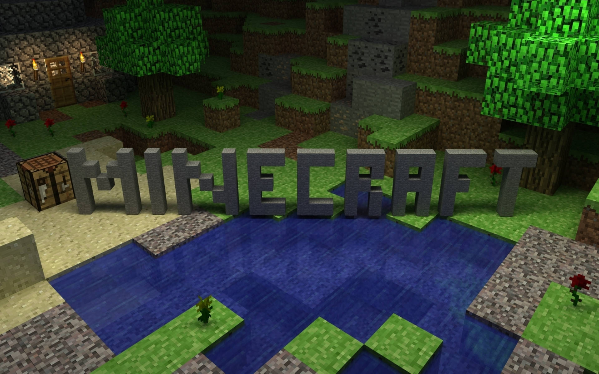 Minecraft Pc 桌布 壁紙 — 方塊狀的Minecraft標誌矗立在像素化的河流旁，周圍環繞著樹木和石屋，在充滿活力的遊戲世界中。