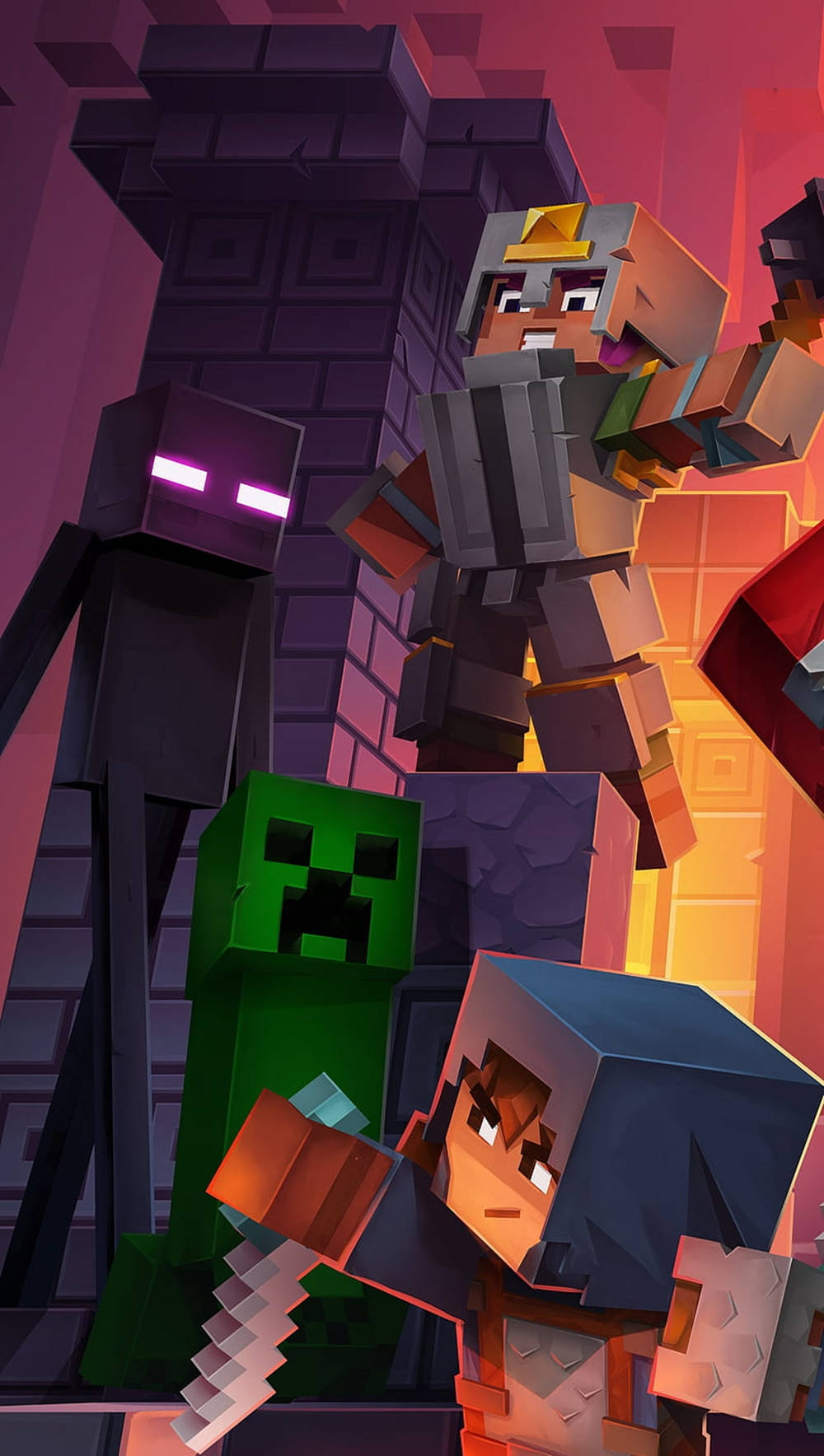 我的世界苦力怕 桌布 壁紙 — 方塊狀的Minecraft角色，包括玩家和爬行者，站在一個有發光眼睛和火焰光芒的地牢中。