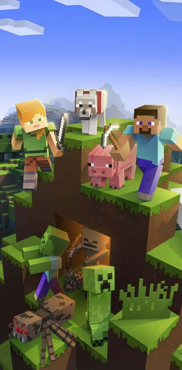 Minecraft Alex 桌布 壁紙 — 方塊狀的Minecraft角色和生物站在長滿草的懸崖上，天空清澈湛藍，白雲蓬鬆。