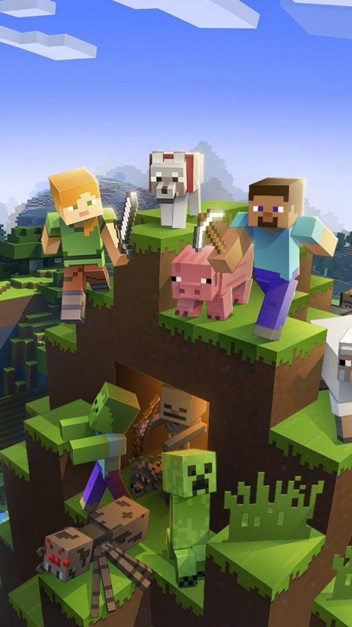 我的世界 史蒂夫 桌布 壁紙 — 方塊狀的Minecraft角色和生物站在像素化的懸崖上，背景是明亮的藍天和蓬鬆的雲朵。