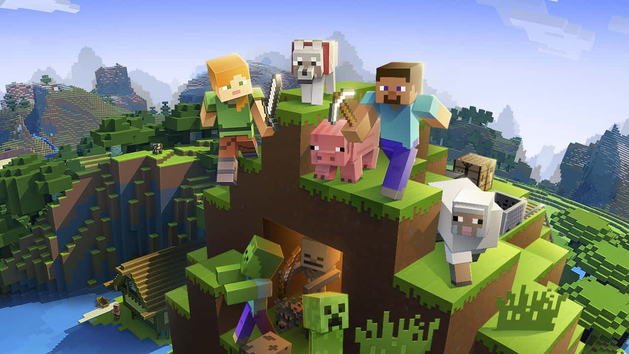 Herobrine Minecraft 桌布 壁紙 — 方塊狀的Minecraft角色和動物站在長滿草的懸崖上，俯瞰著一個有水和遠處山脈的像素化景觀。
