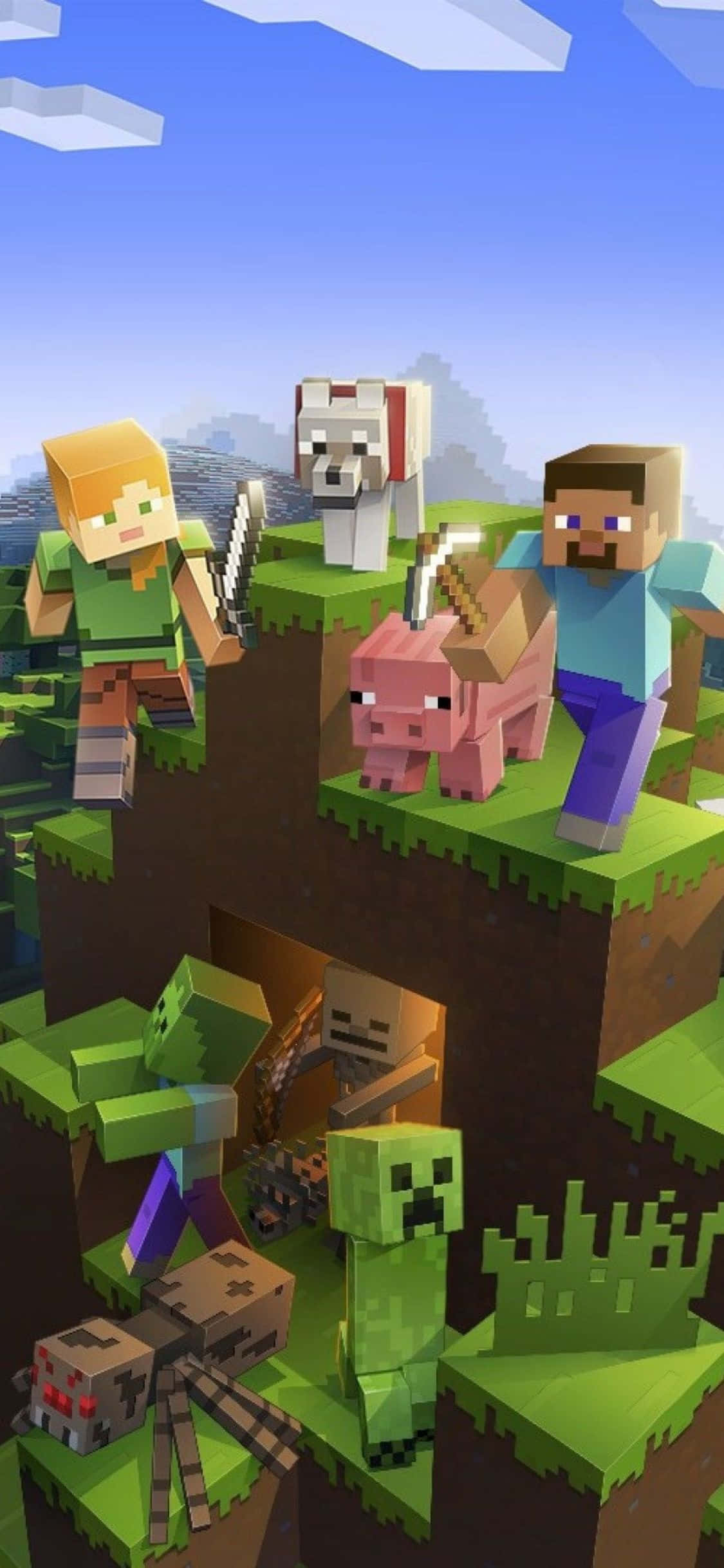 iPhone Xs Minecraft 桌布 壁紙 — 方塊狀的Minecraft角色和生物站在漂浮的綠色島嶼上，背景是帶有白雲的明亮藍天。