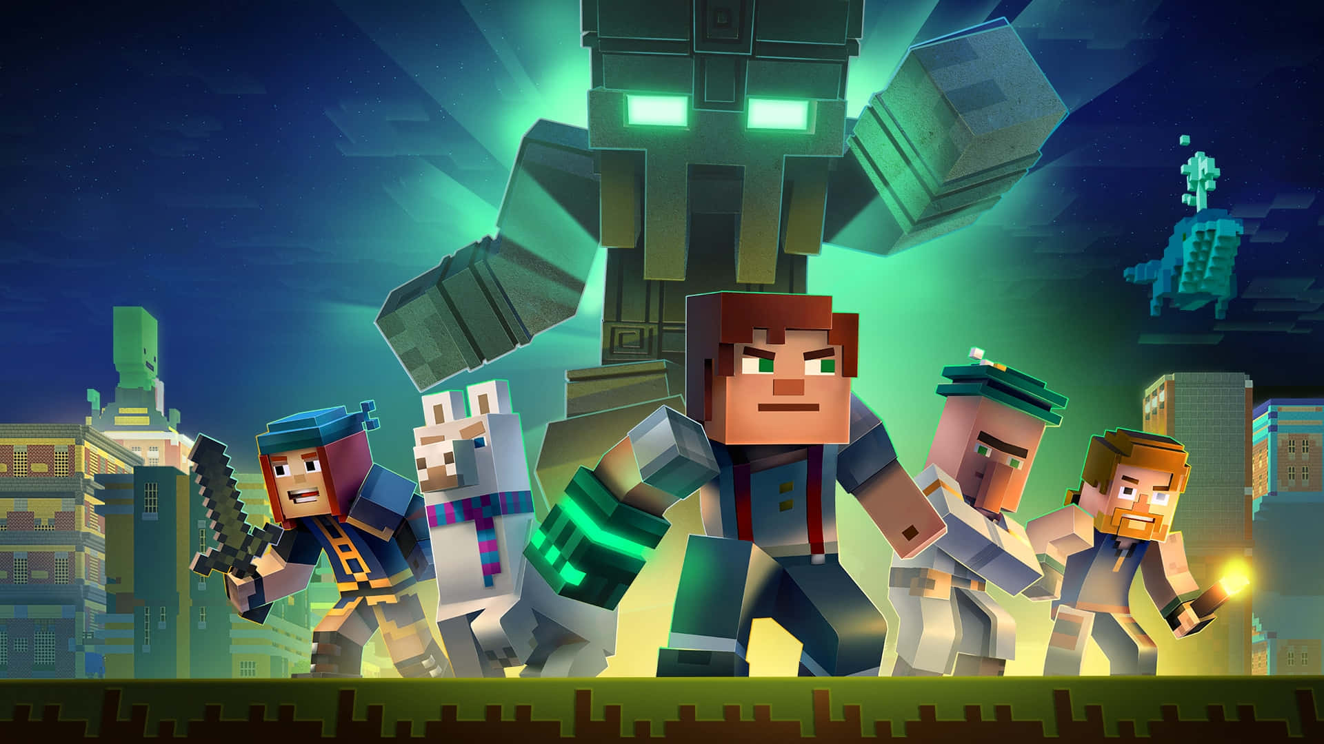 Minecraft Fight 桌布 壁紙 — 方塊狀的Minecraft角色在夜晚的像素化城市景觀中，挑釁地站在一個發光的綠色巨型機器人面前。