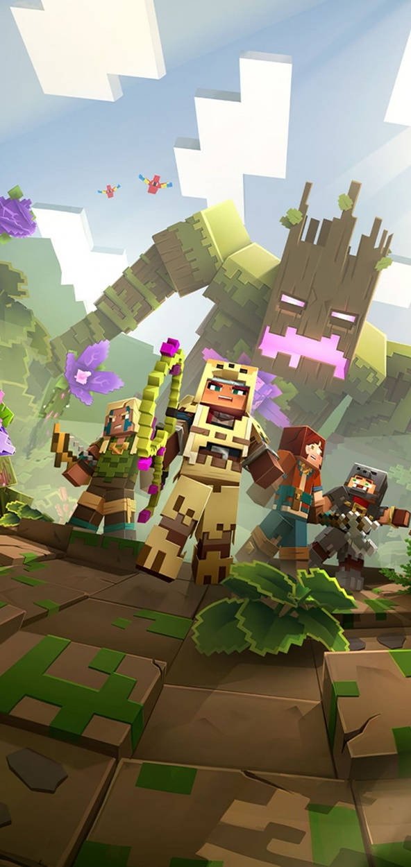 我的世界 高畫質壁紙 桌布 壁紙 — 方塊狀的Minecraft角色站在一個像素化的叢林中，面對著一隻巨大的樹木生物，周圍有浮空島嶼和紫色花朵。