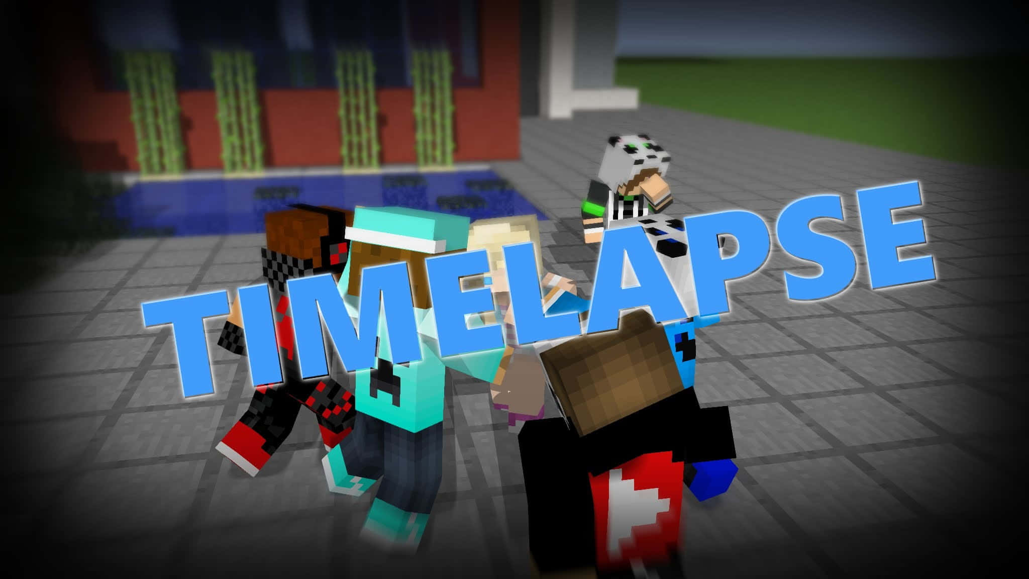 Minecraft Server 桌布 壁紙 — 方塊狀的Minecraft角色站在昏暗的城市廣場上，帶有大型藍色「TIMELAPSE」文字疊加。