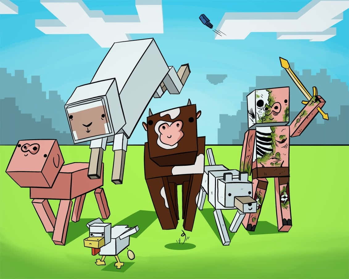 Minecraft Phone 桌布 壁紙 — 方塊風格的Minecraft動物和一個殭屍一起站在藍天白雲下的綠色草地上。