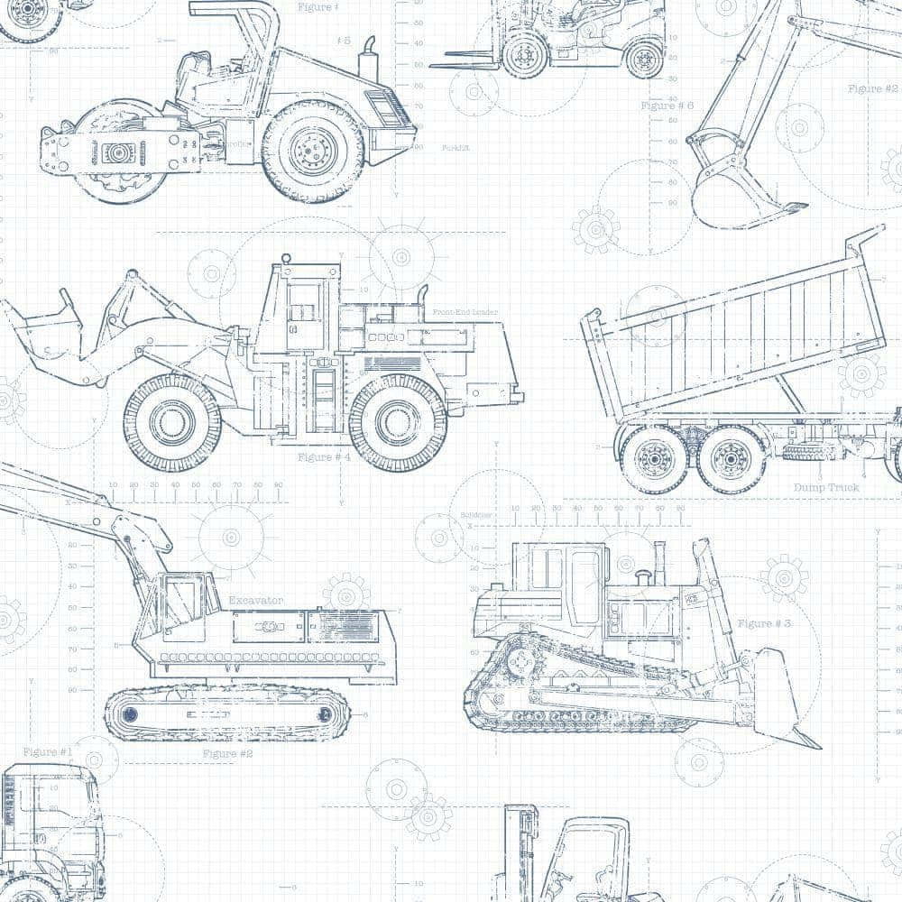 設計 桌布 壁紙 — 方格紙上帶有標註圖形和齒輪的重型建築車輛藍圖風格技術圖紙。