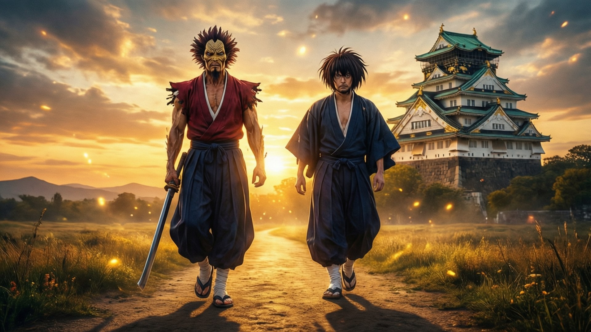 旅程的終點 壁紙 — 兩位動漫戰士在陽光普照的小徑上大步向前，走向黃金時刻中一座雄偉的日本城堡。