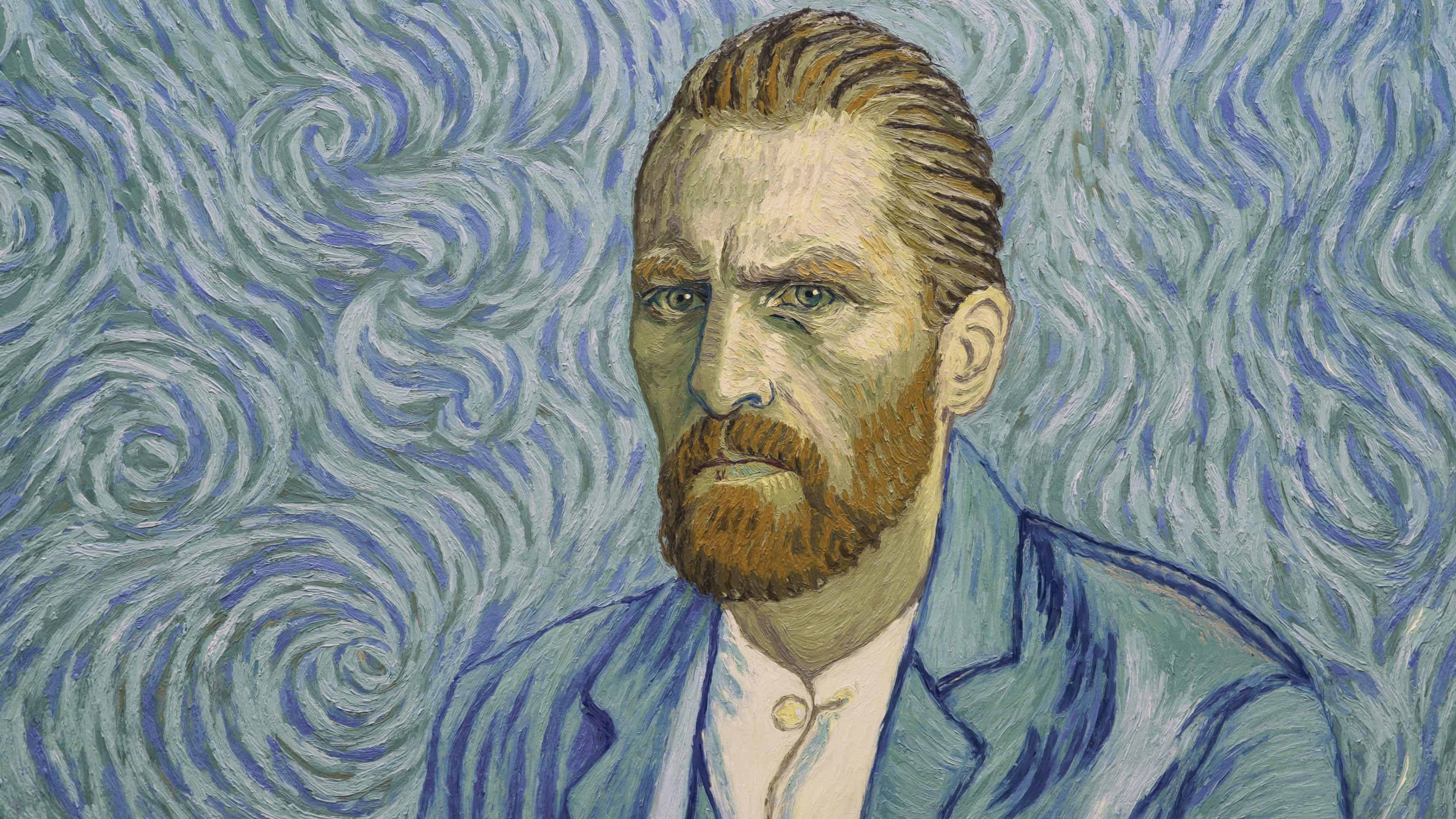 Vincent 桌布 壁紙 — 旋轉的藍色和綠色背景框住一幅文森特·梵谷的肖像，他神情嚴肅，鬍鬚略帶紅色。