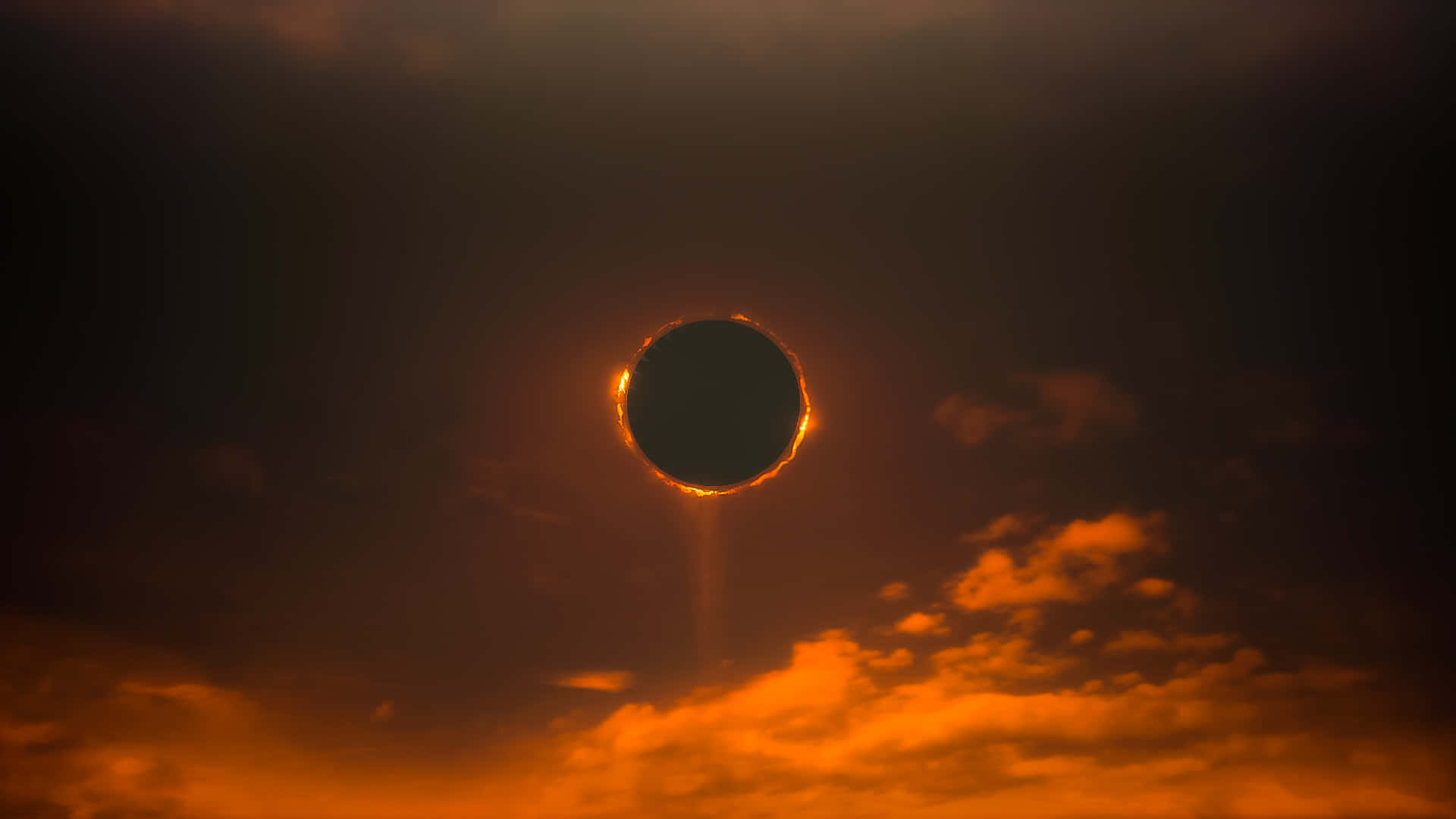 Eclipse 桌布 壁紙 — 日全食，發光的日冕環繞著暗淡的太陽，背景是火紅色的雲層。