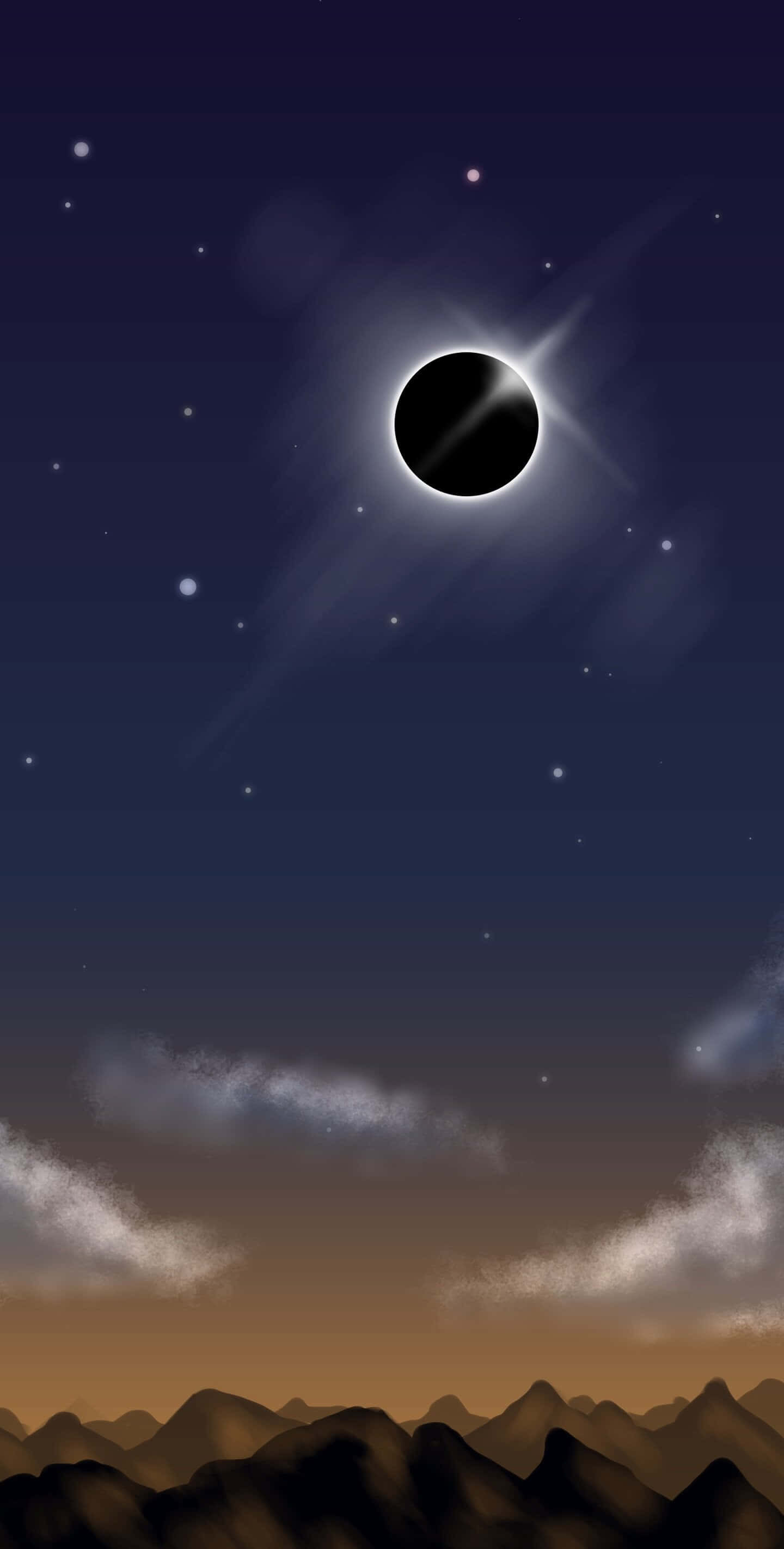 Black Hole Sun 桌布 壁紙 — 日全食在星空中投射出一個暗盤，籠罩著輪廓分明的山脈和輕柔的雲彩。